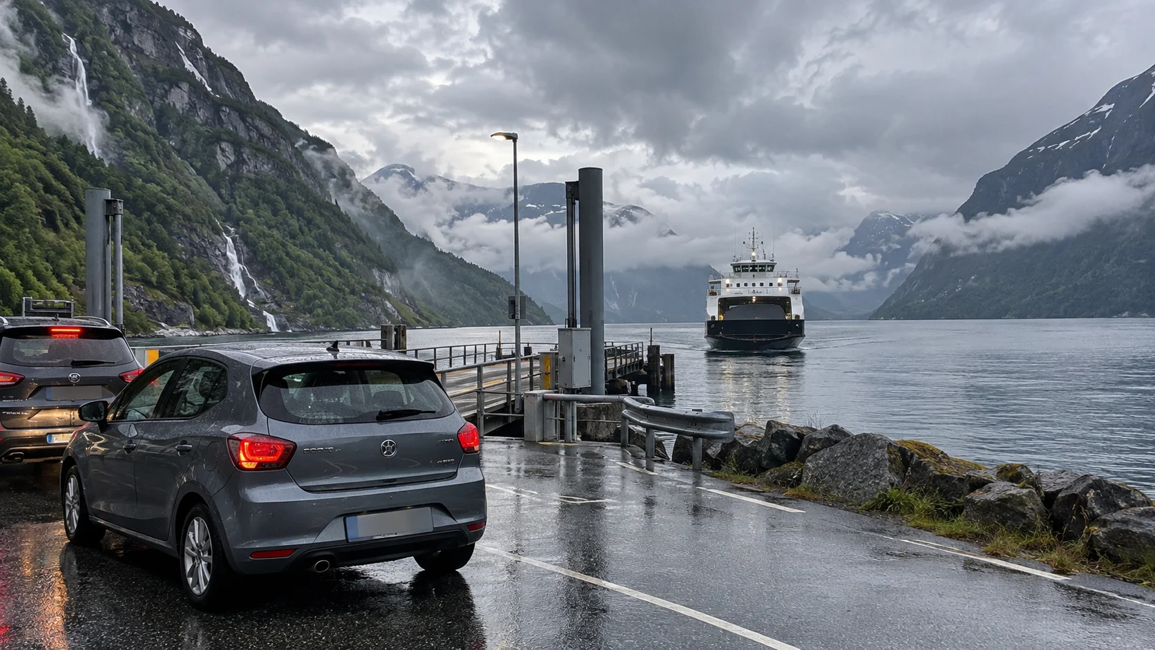 Rental car waiting for a vehicle ferry at a rain-slick Norwegian fjord crossing