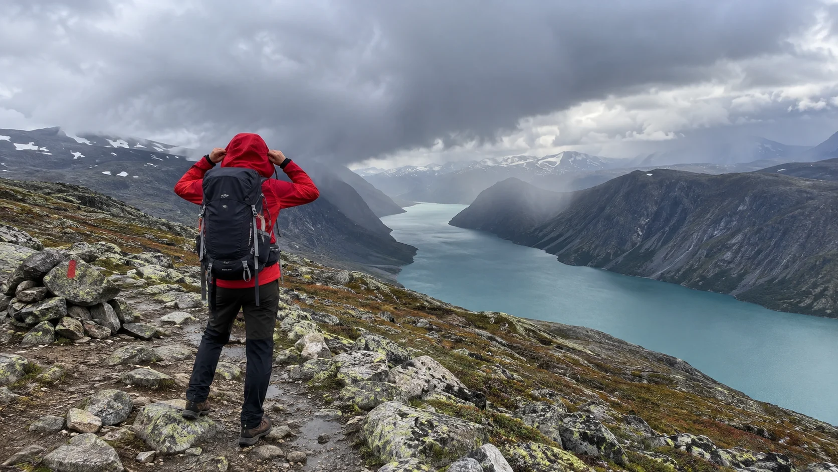Hiker putting on a rain shell above Gjende lake as mountain weather approaches