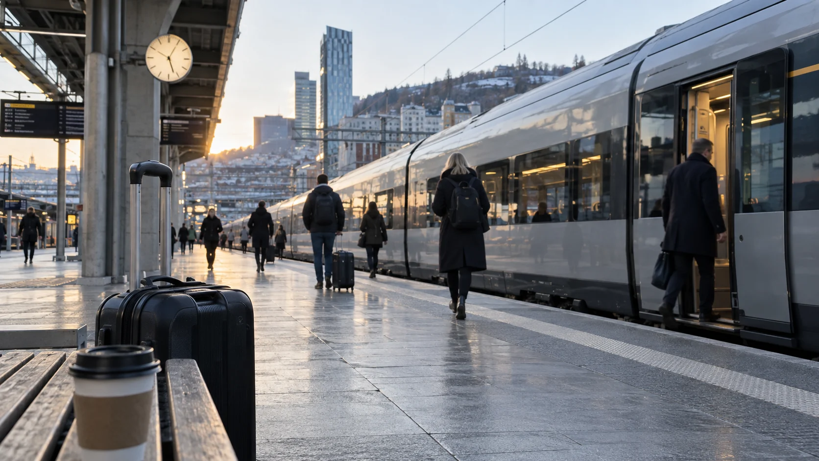 Travelers boarding an unbranded train at Oslo Central Station in the early morning