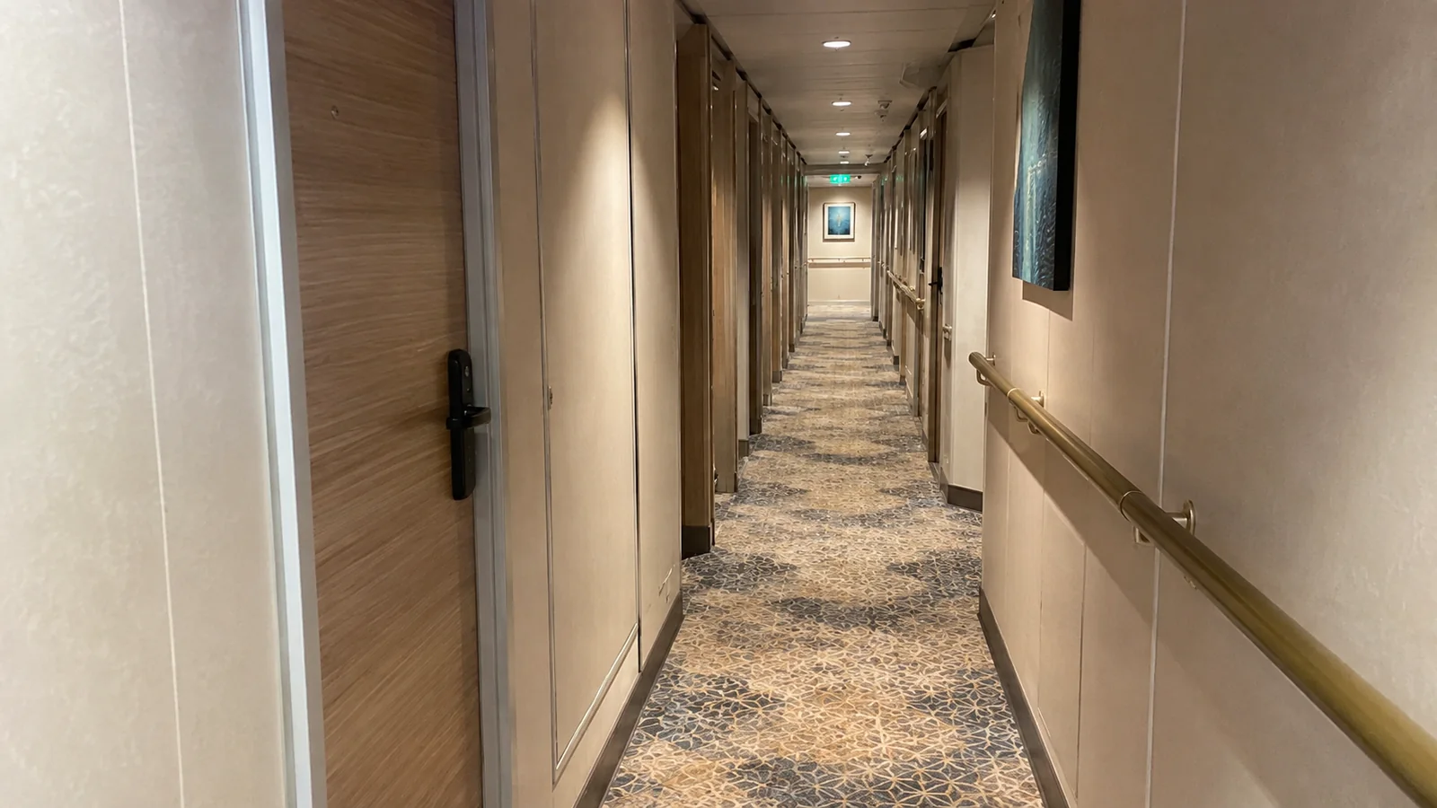 Empty stateroom corridor is lined with doors and handrails.