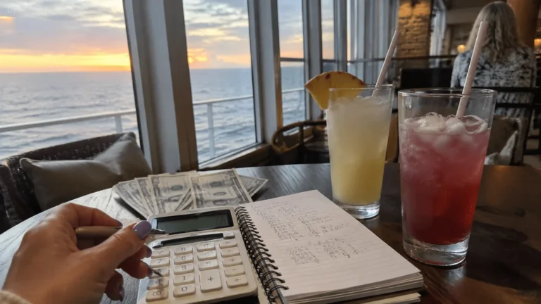 Hand using a calculator beside a notebook and two colorful drinks