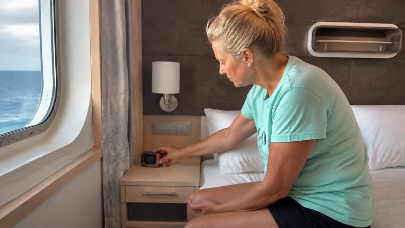 Woman reaches toward a bedside device beside an ocean-view cabin window.