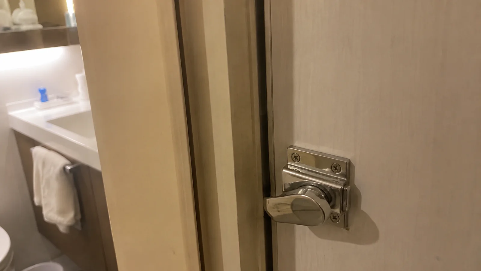 Close-up of a metal latch on an interior cabin door.