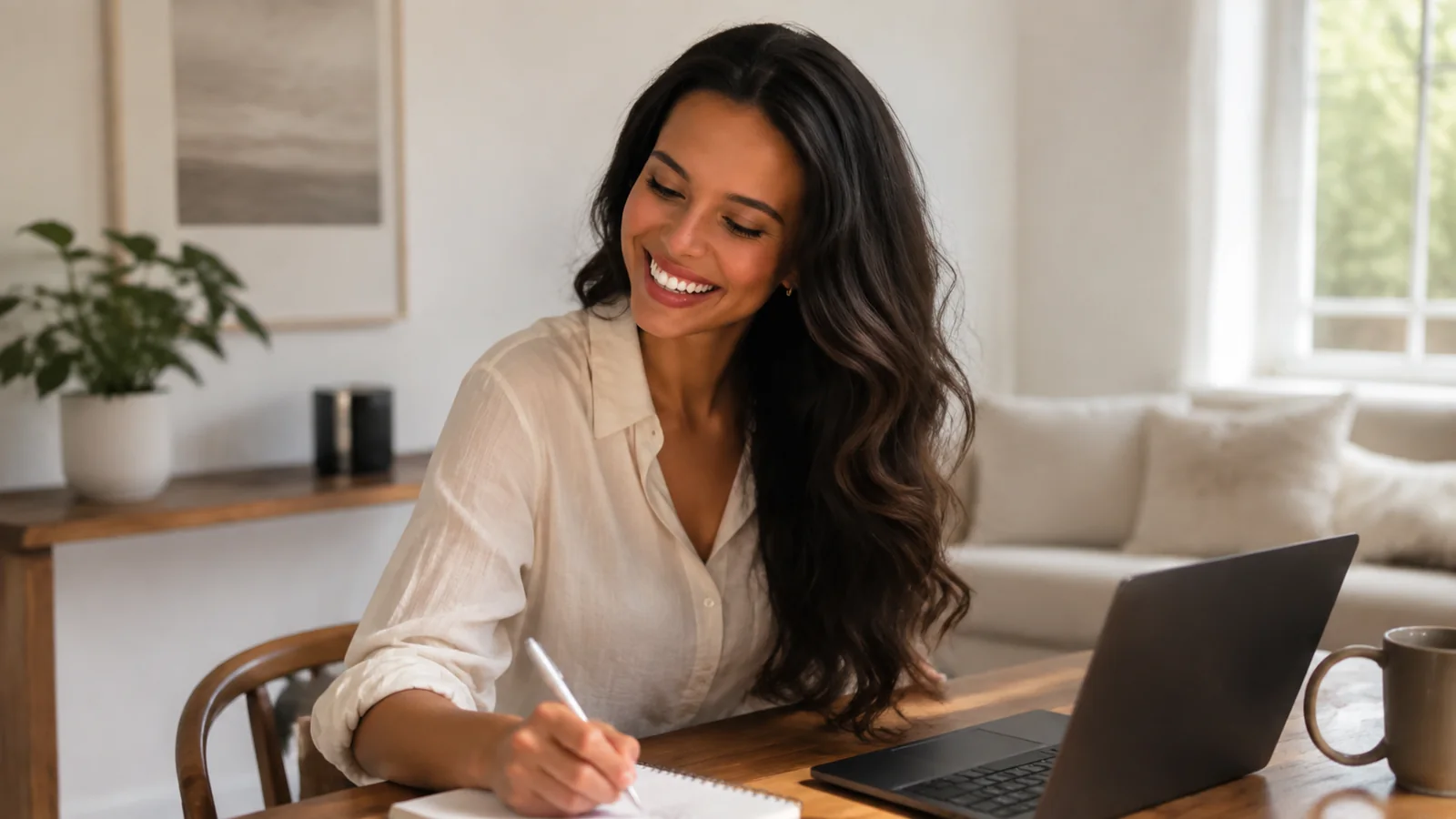 Woman writes beside a laptop at a sunlit table.