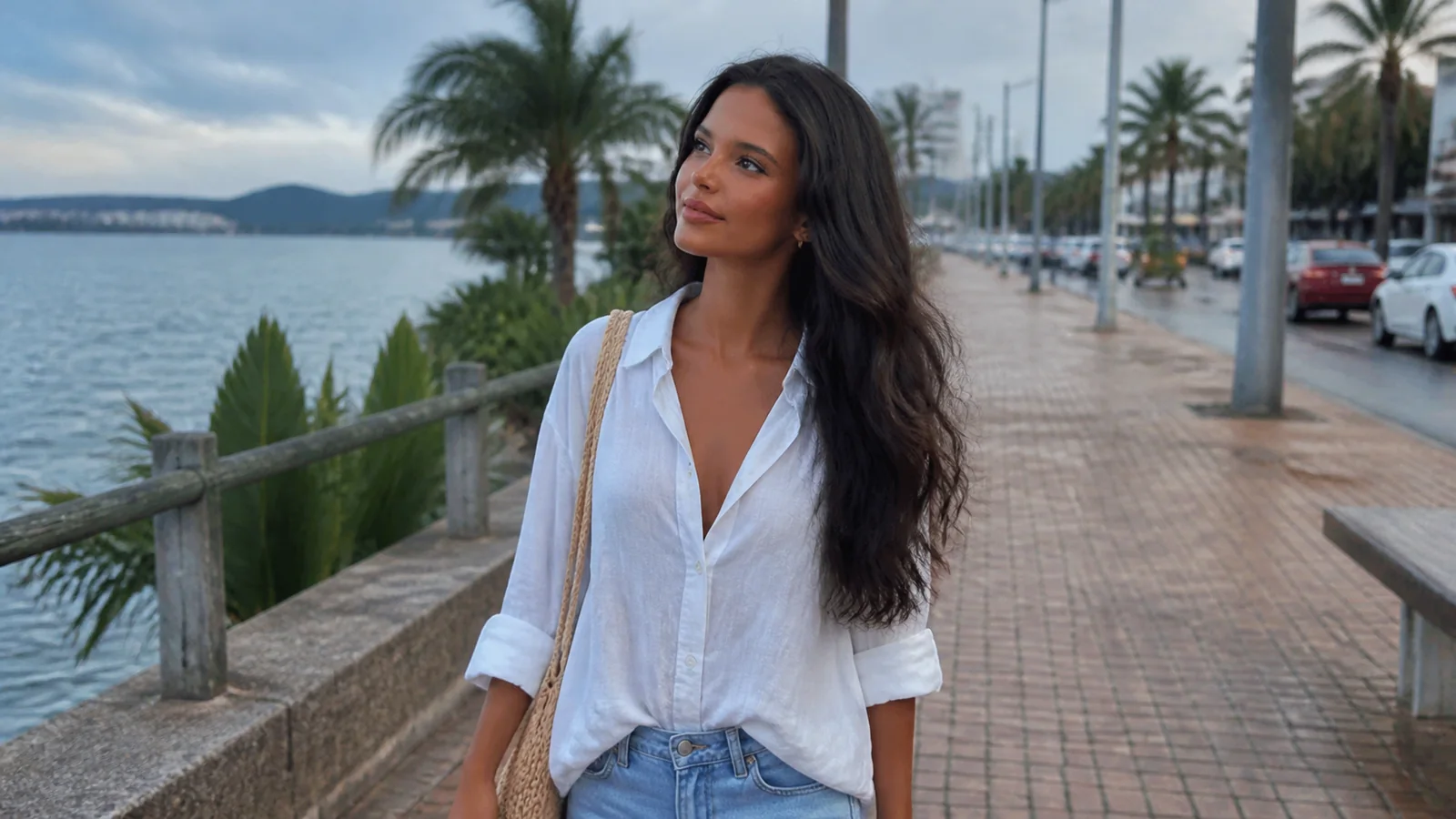Woman walking along a palm-lined waterfront promenade.