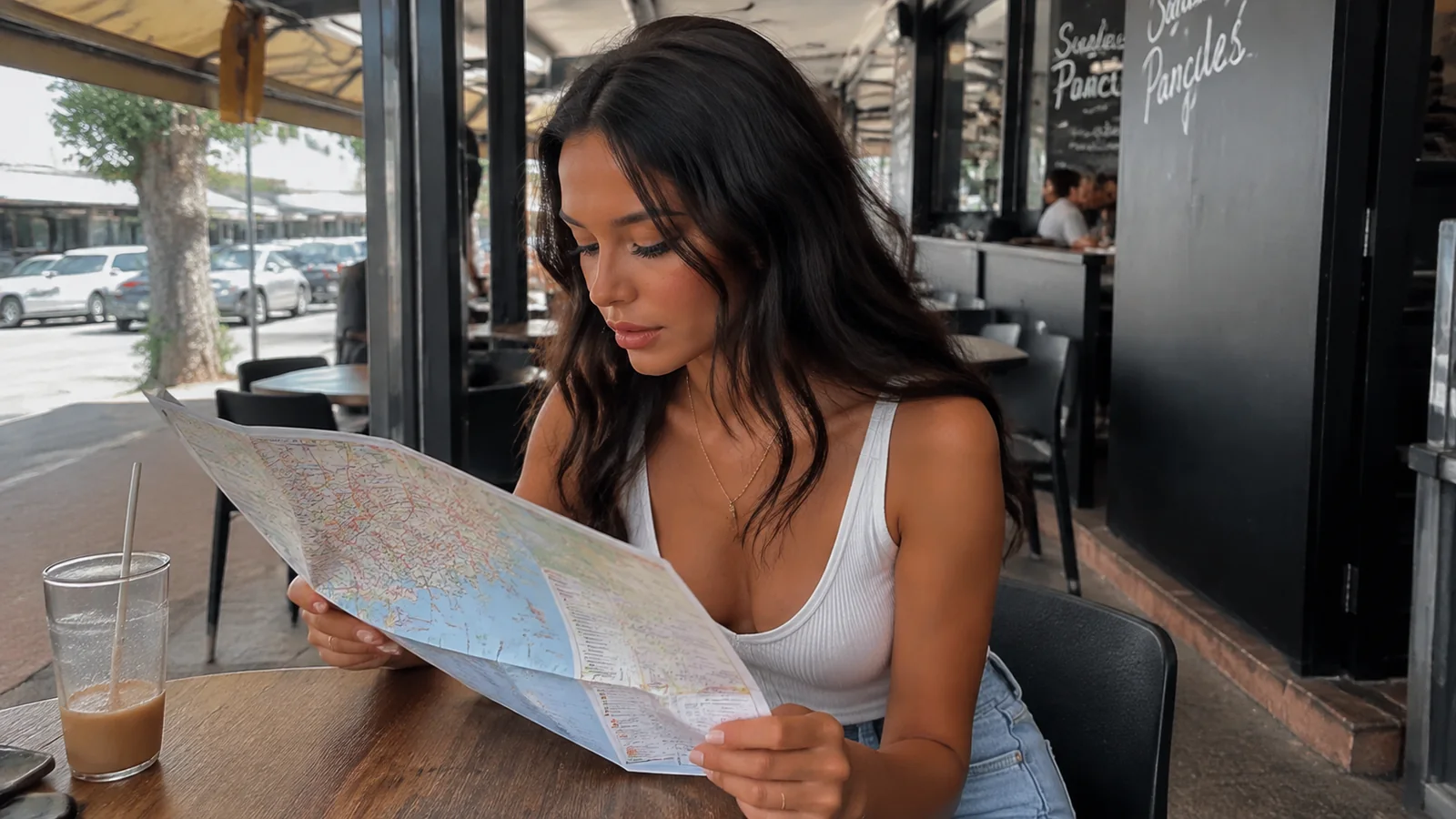 Woman reading a map at a sidewalk cafe.