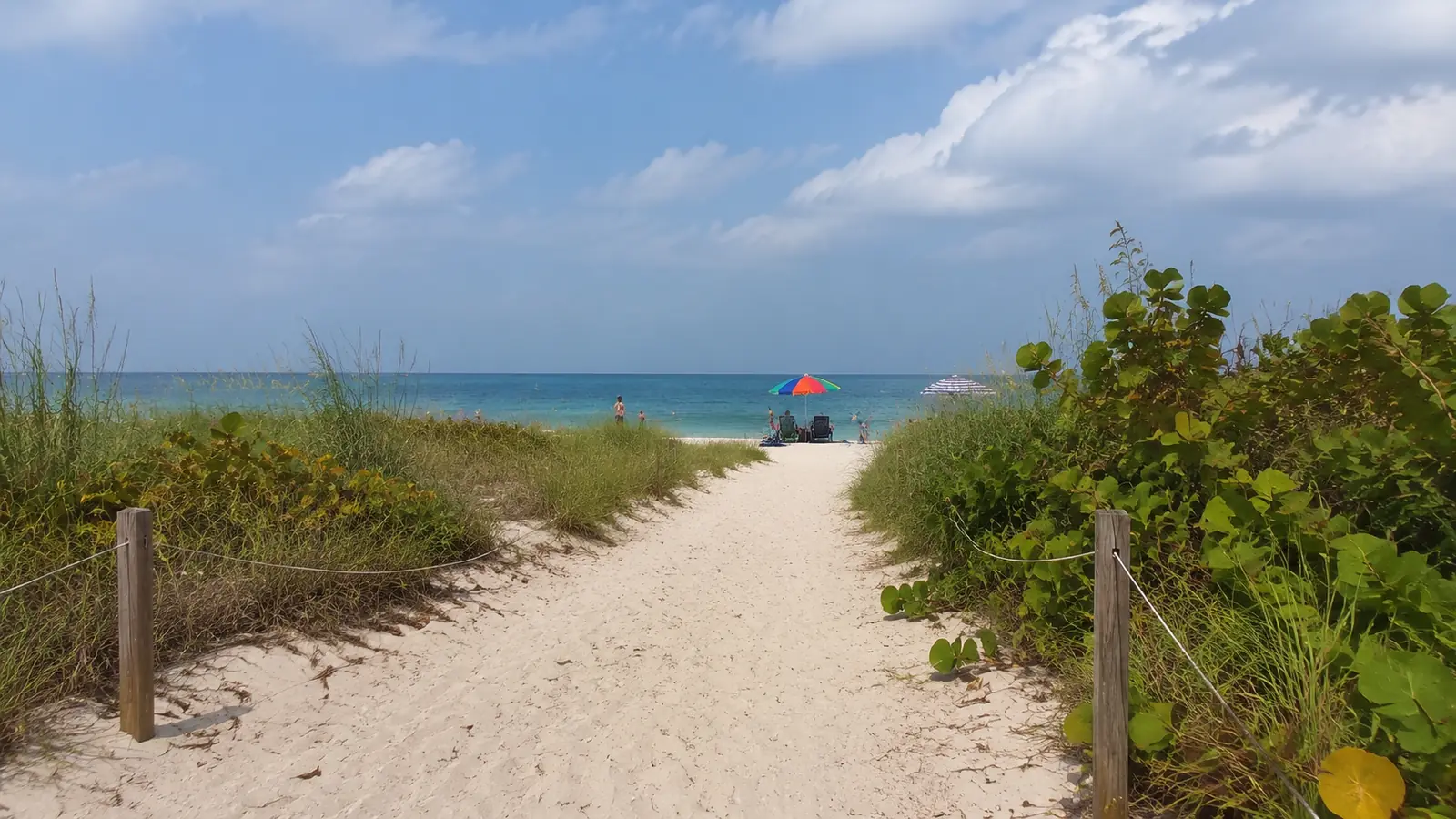 Sandy path through beach dunes leading to turquoise water