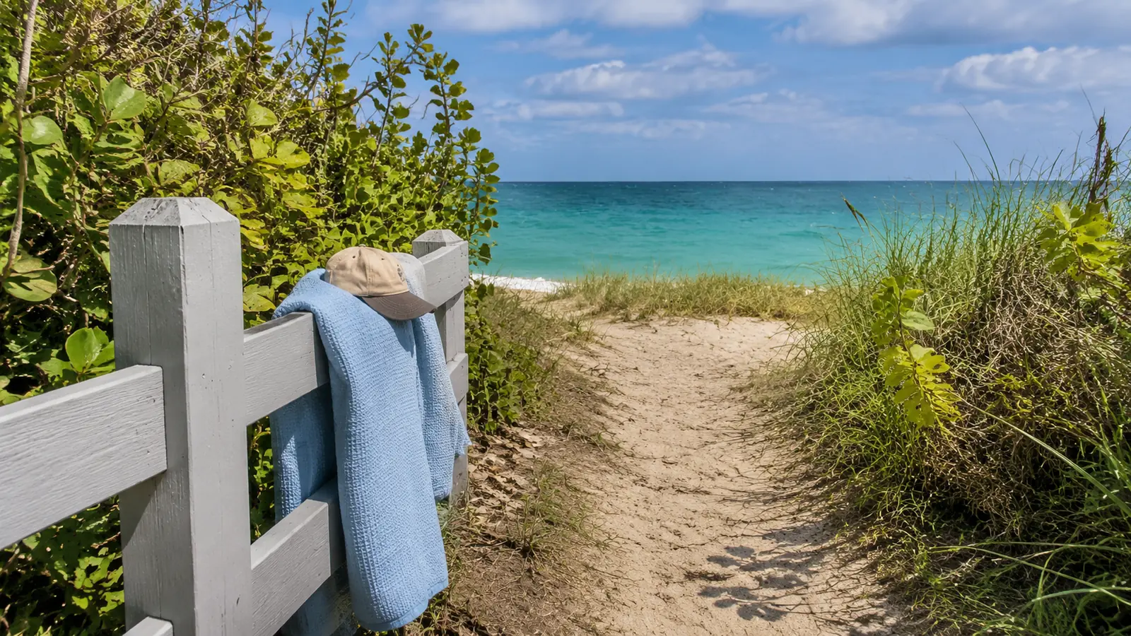 Towel and sunhat draped over a fence beside a sandy path to the beach
