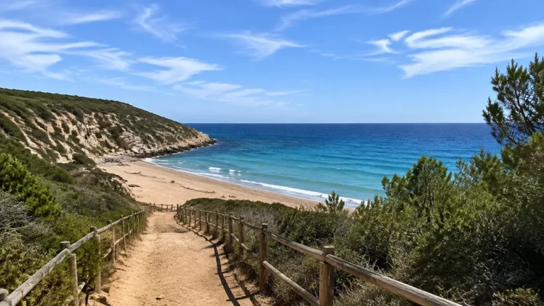 Sandy beach and turquoise cove viewed from a hillside path