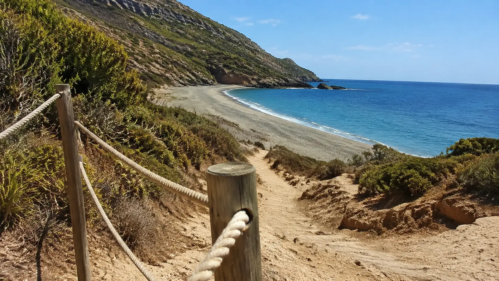Sandy coastal trail with rope fencing descending toward a blue cove
