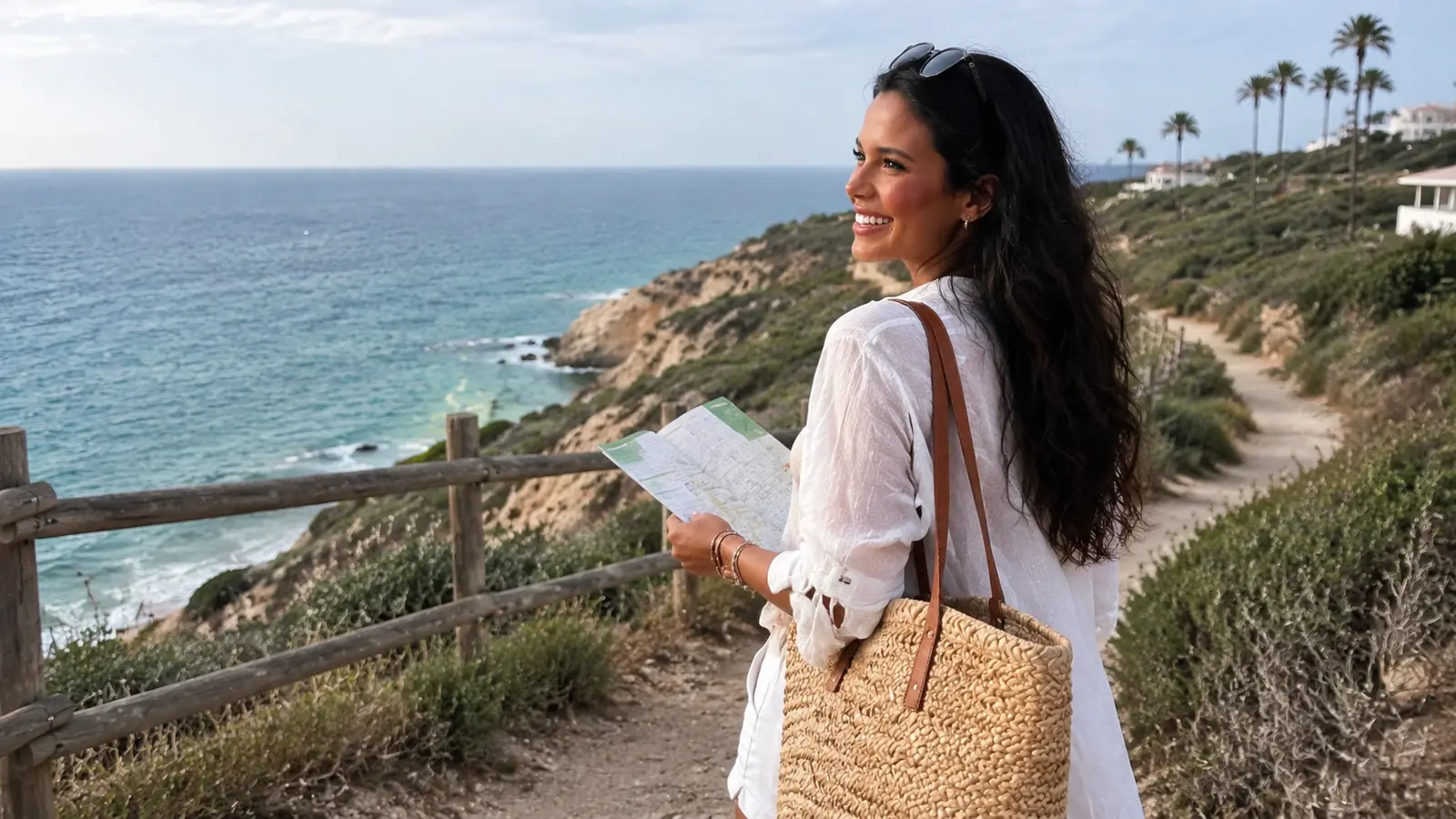 Woman in a white cover-up holding a map on a coastal overlook