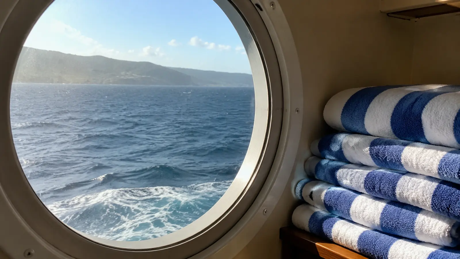 Stack of striped towels beside a round cruise ship window overlooking the sea