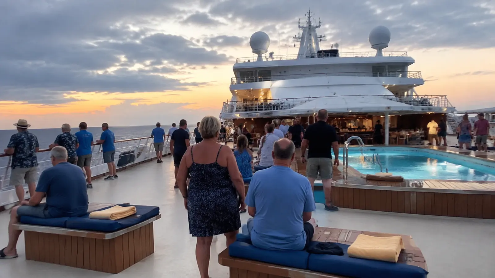 Passengers relaxing around an outdoor cruise ship pool at sunset