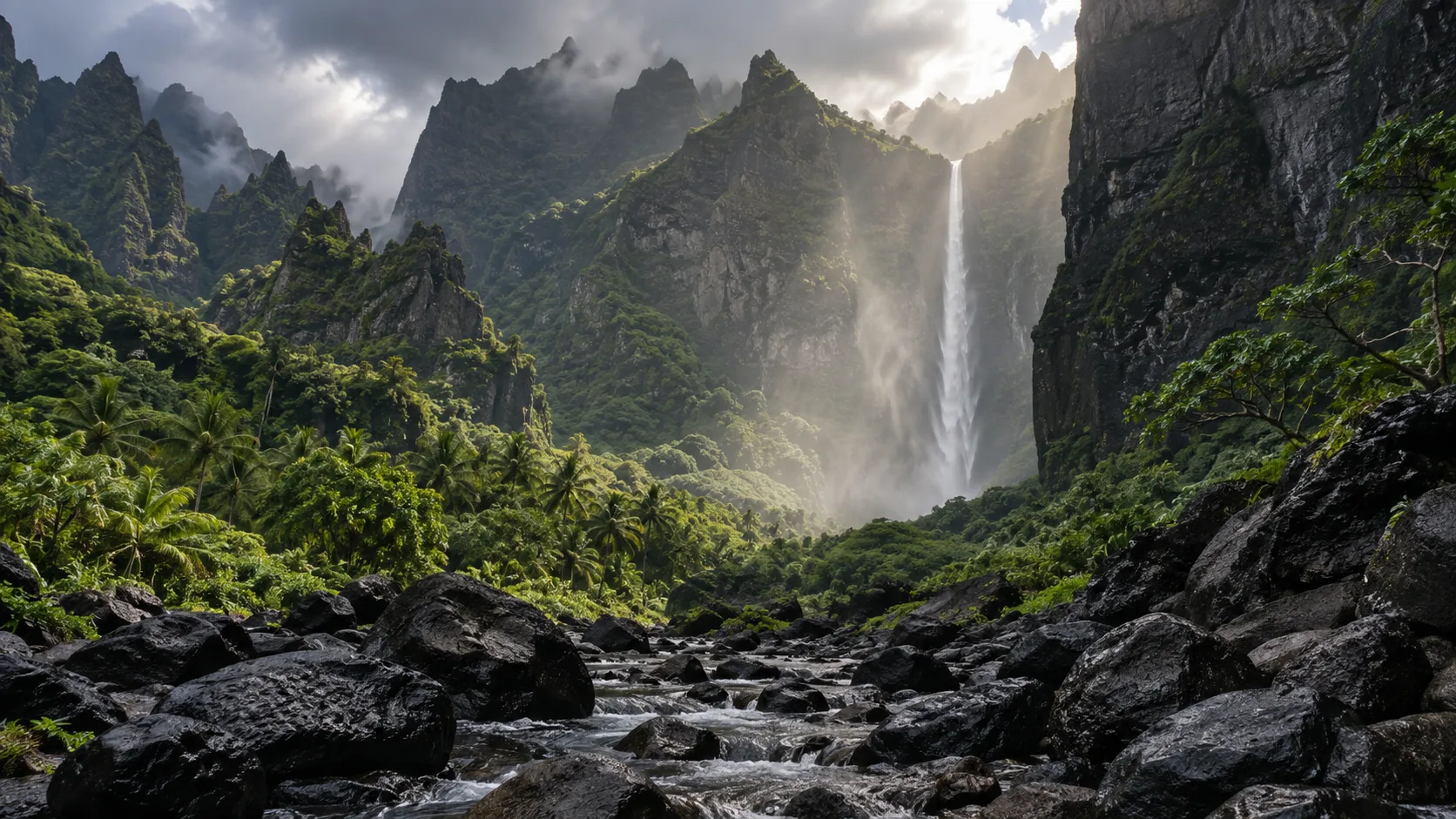 Vaipo waterfall dropping through mist into Nuku Hiva's rugged Hakaui Valley and basalt cliffs
