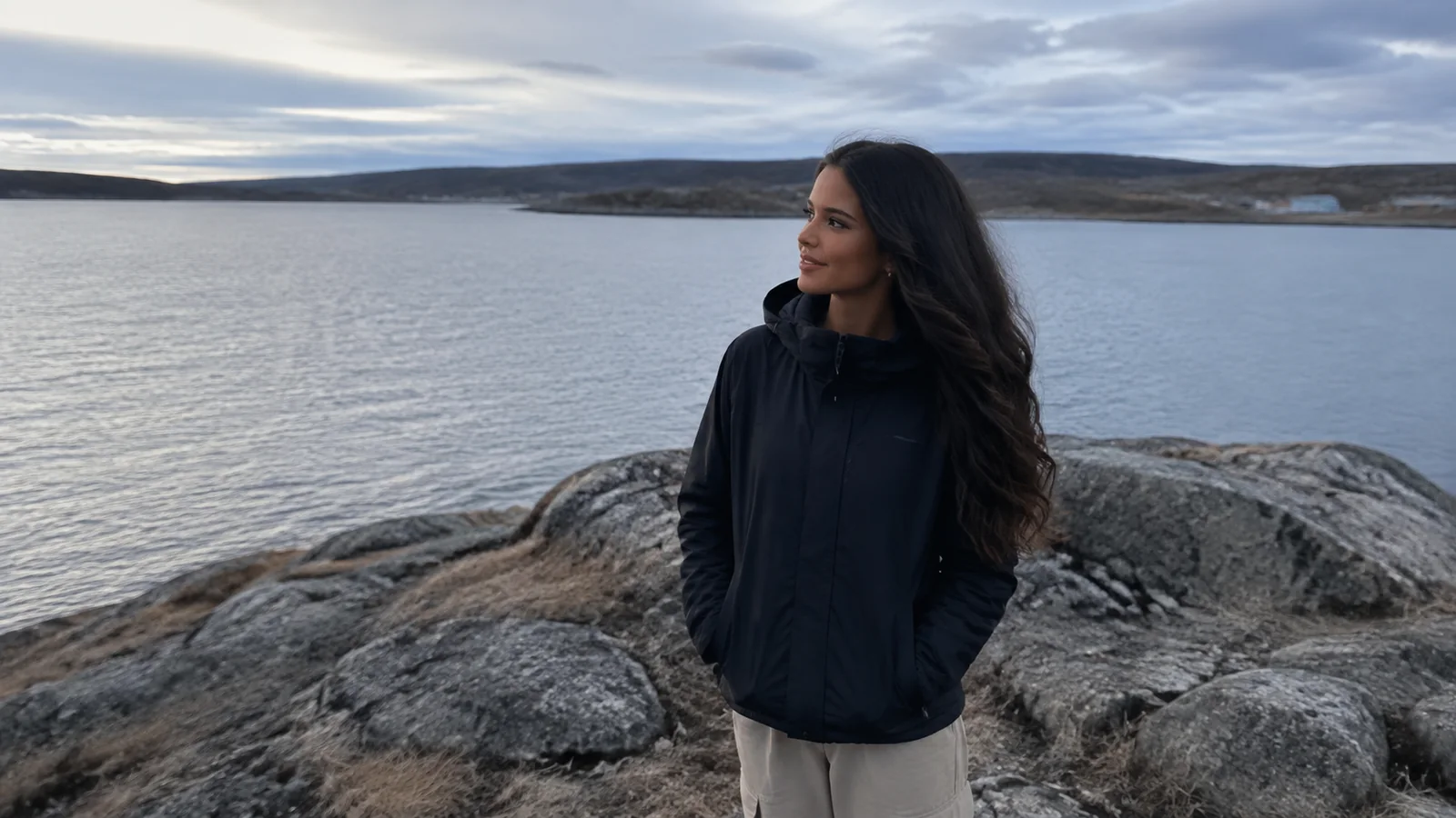 Woman standing on bare shoreline rocks beside cold gray water.