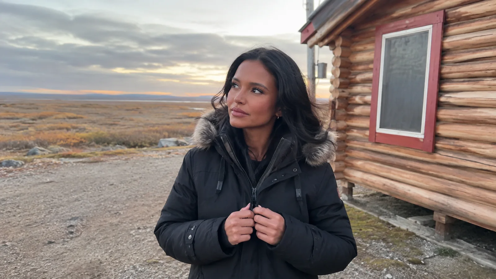 Woman adjusting a winter coat outside a wooden building on open tundra.