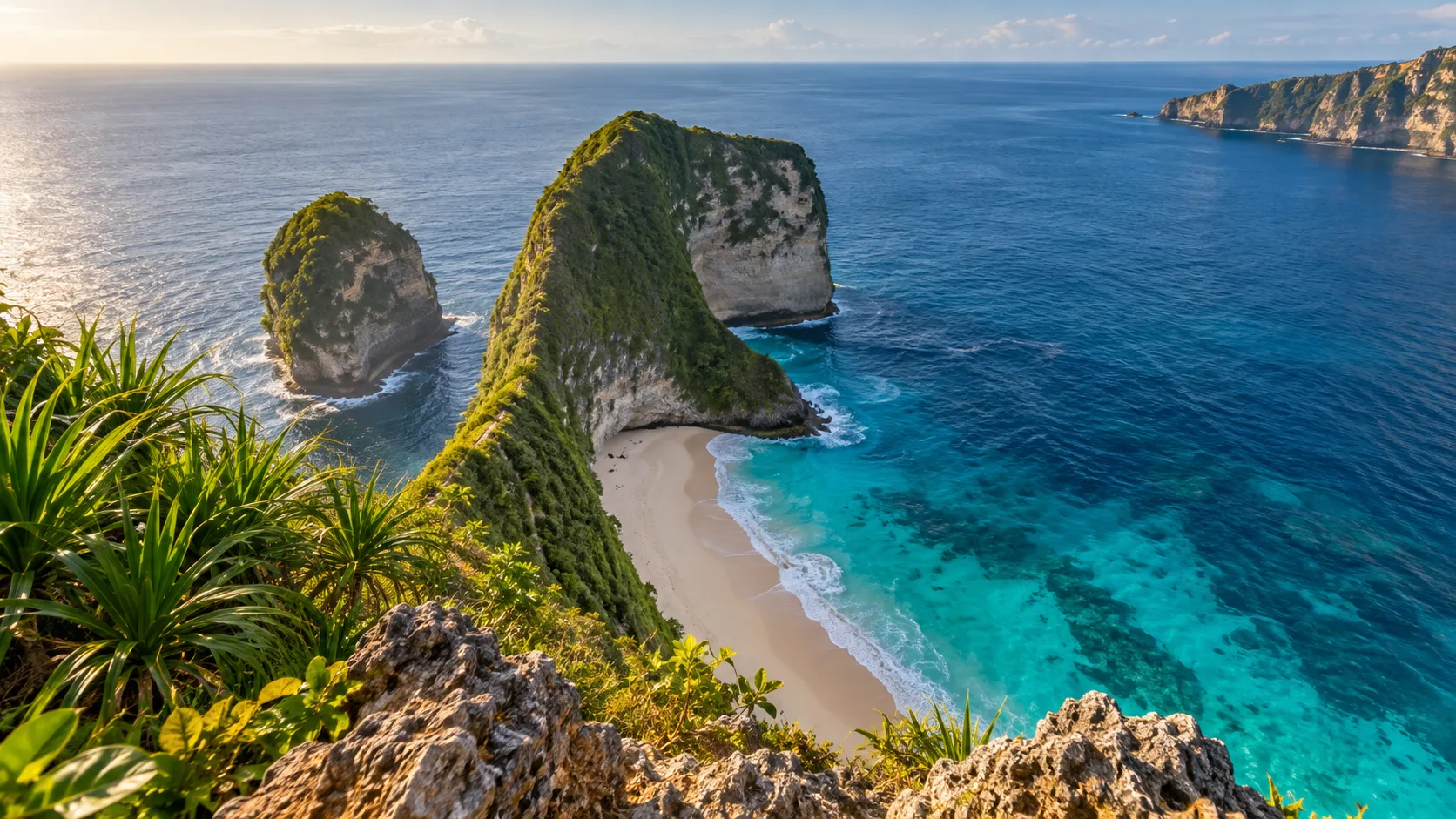 Kelingking's green limestone headland above a white beach on Nusa Penida.