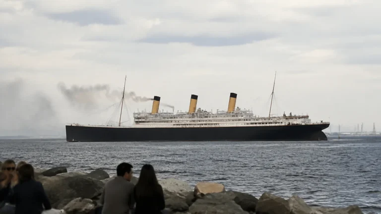 Historic-style ocean liner with three funnels viewed from a rocky shore.