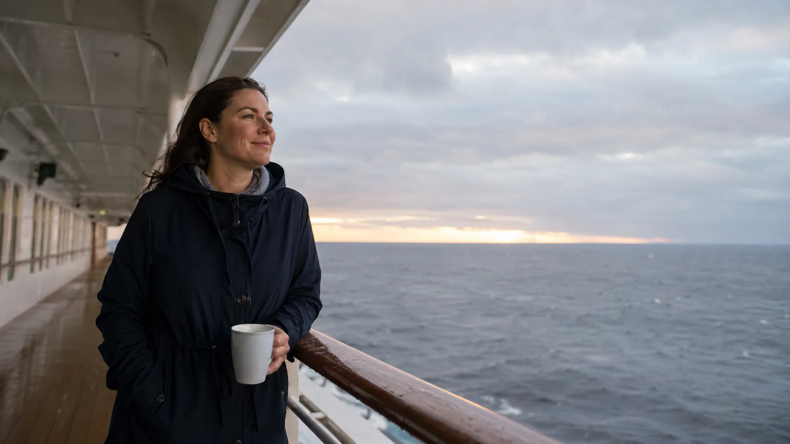 Passenger holding a mug on a sheltered promenade at sea.