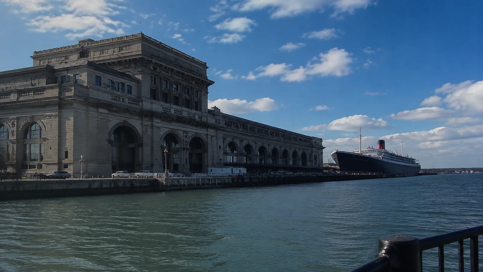 Large historic waterfront terminal with an ocean liner alongside.