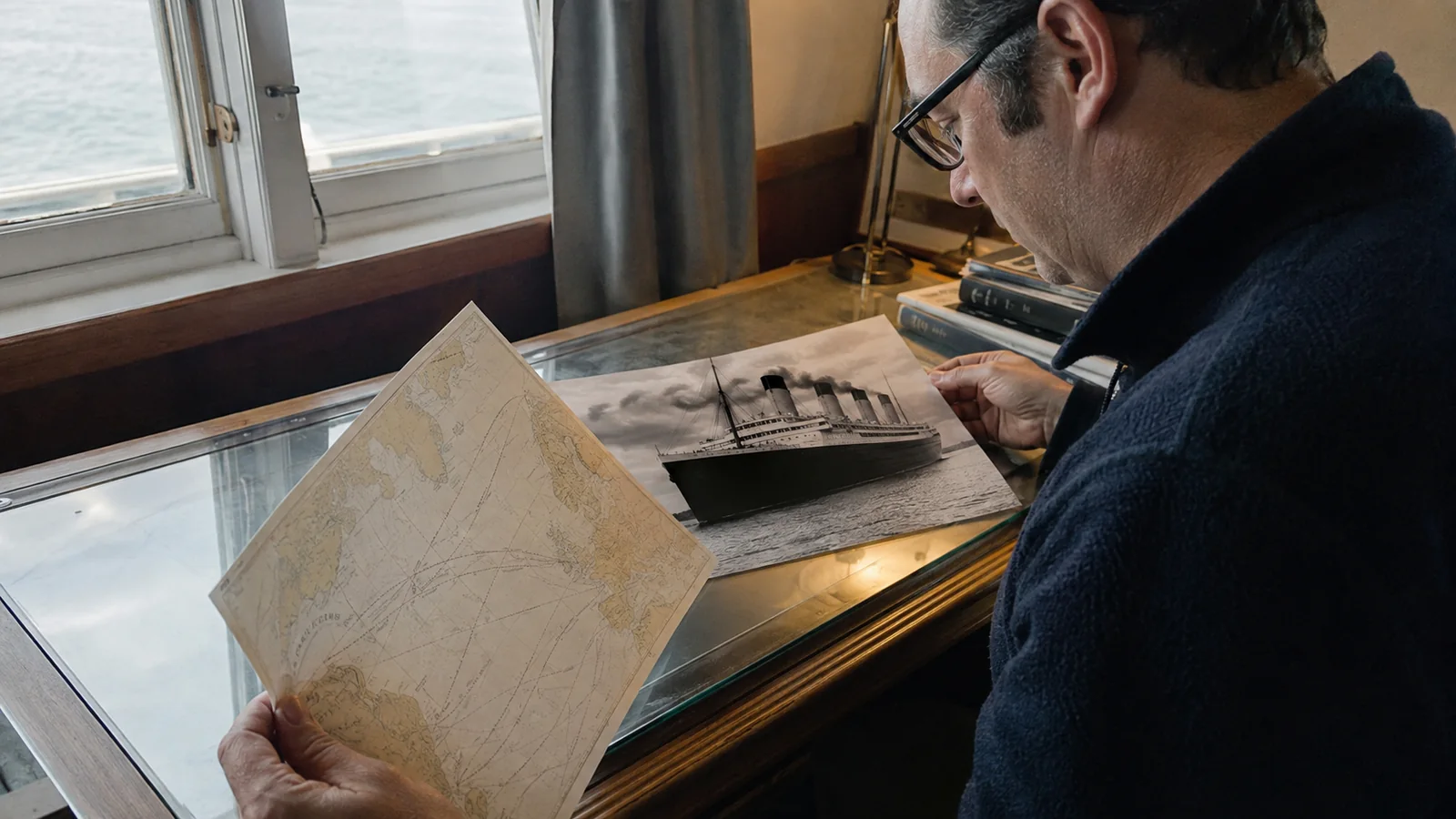 Visitor studying an old map and a photograph of an ocean liner.