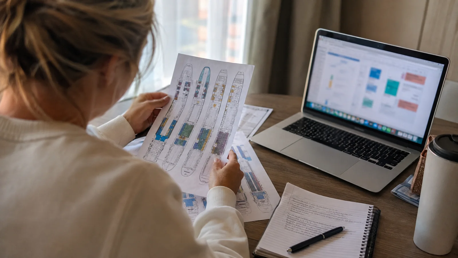 Woman comparing printed cruise ship deck plans at a table with a laptop