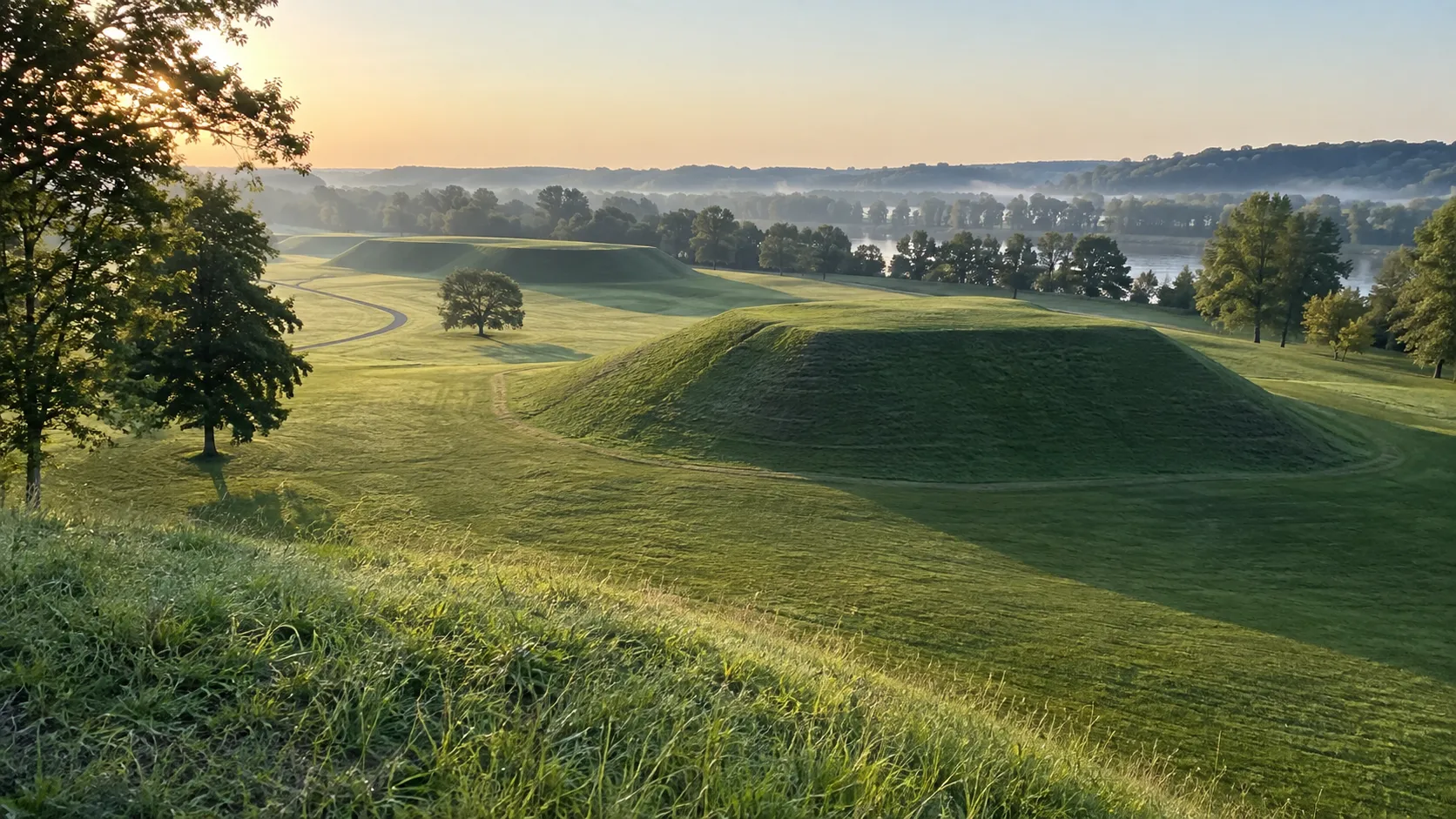 Geometric earthen mounds across the green ceremonial landscape at Hopewell Culture.