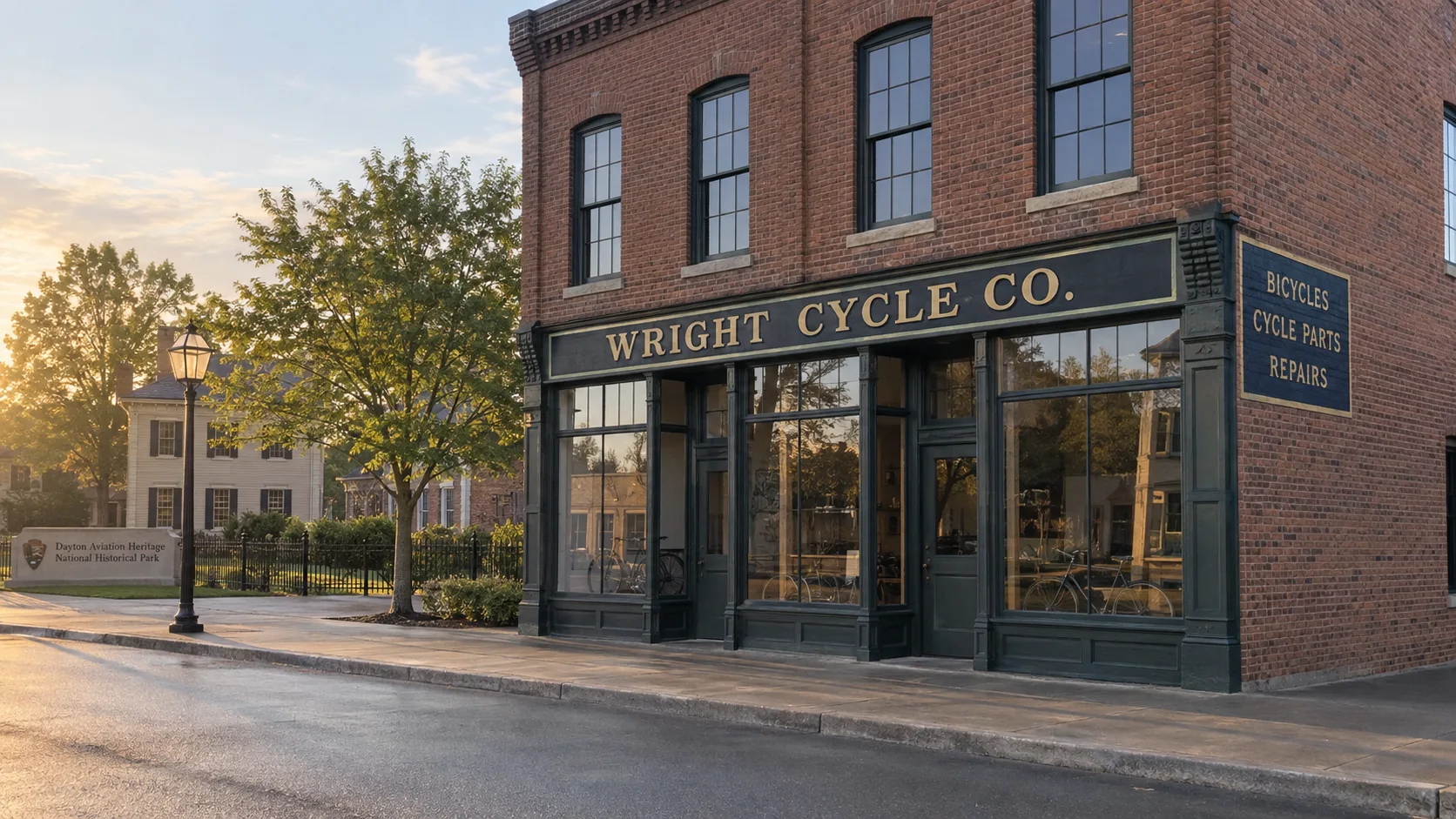 Historic Wright Cycle Company brick storefront at Dayton Aviation Heritage.