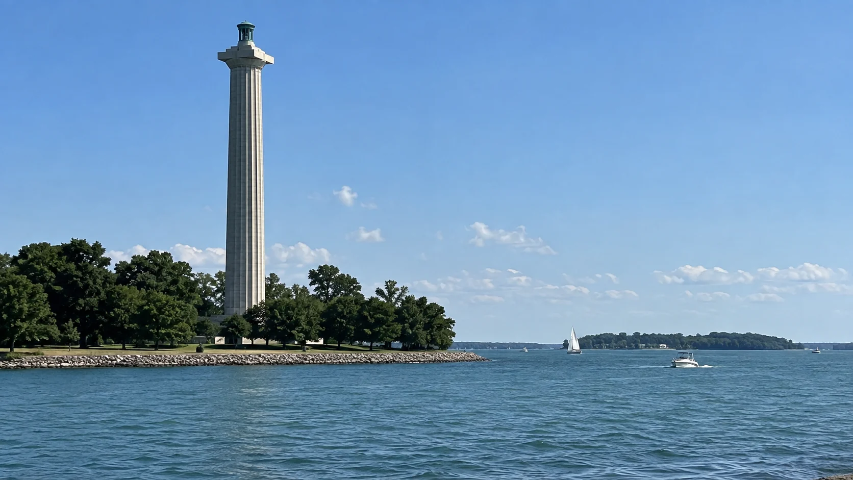 Perry's Victory and International Peace Memorial rising beside Lake Erie.