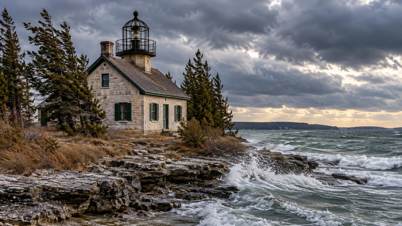 Old Baileys Harbor Bird Cage Lighthouse on a stormy limestone shore