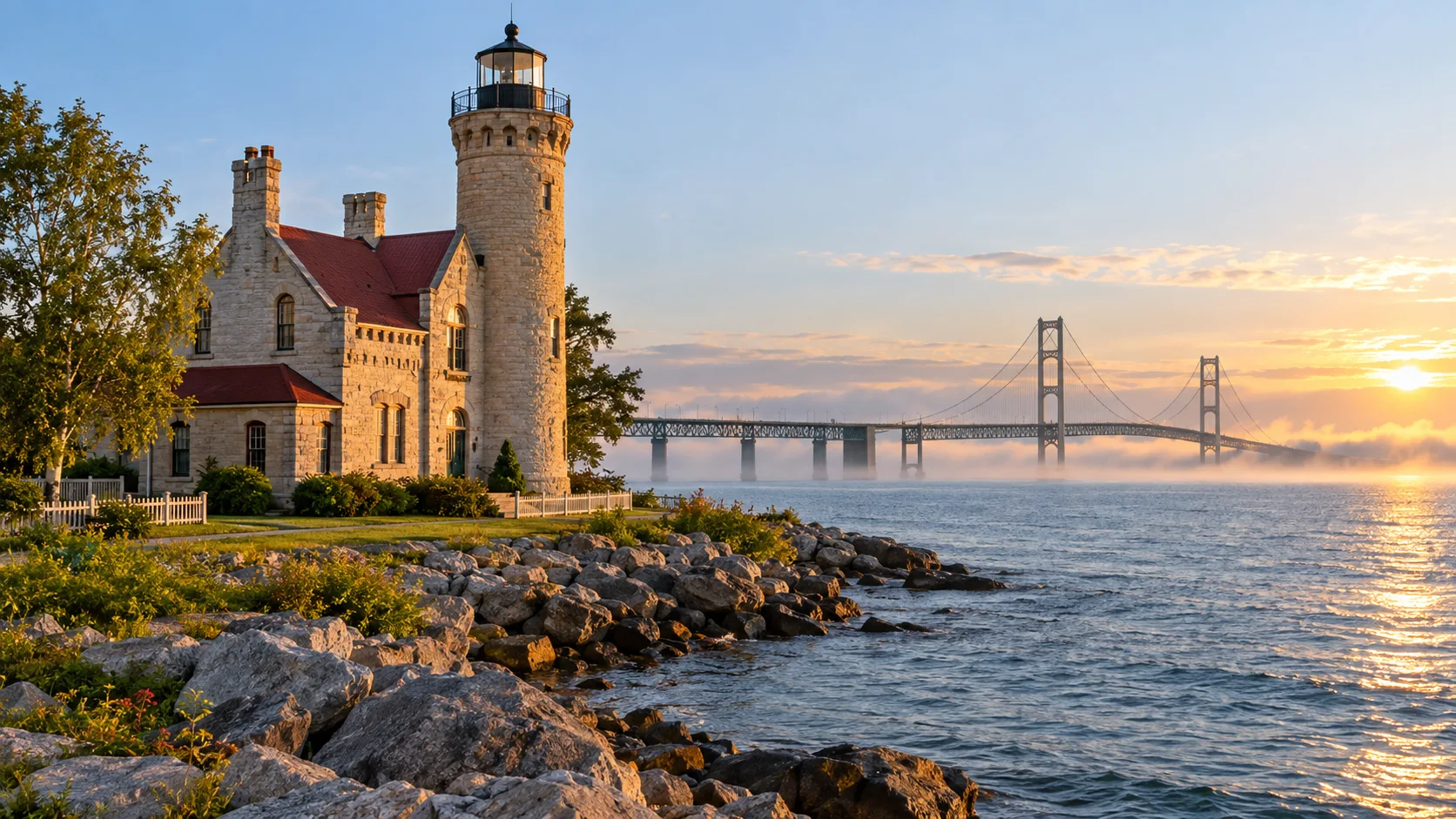 Old Mackinac Point Lighthouse overlooking the Straits of Mackinac beneath a colorful sky