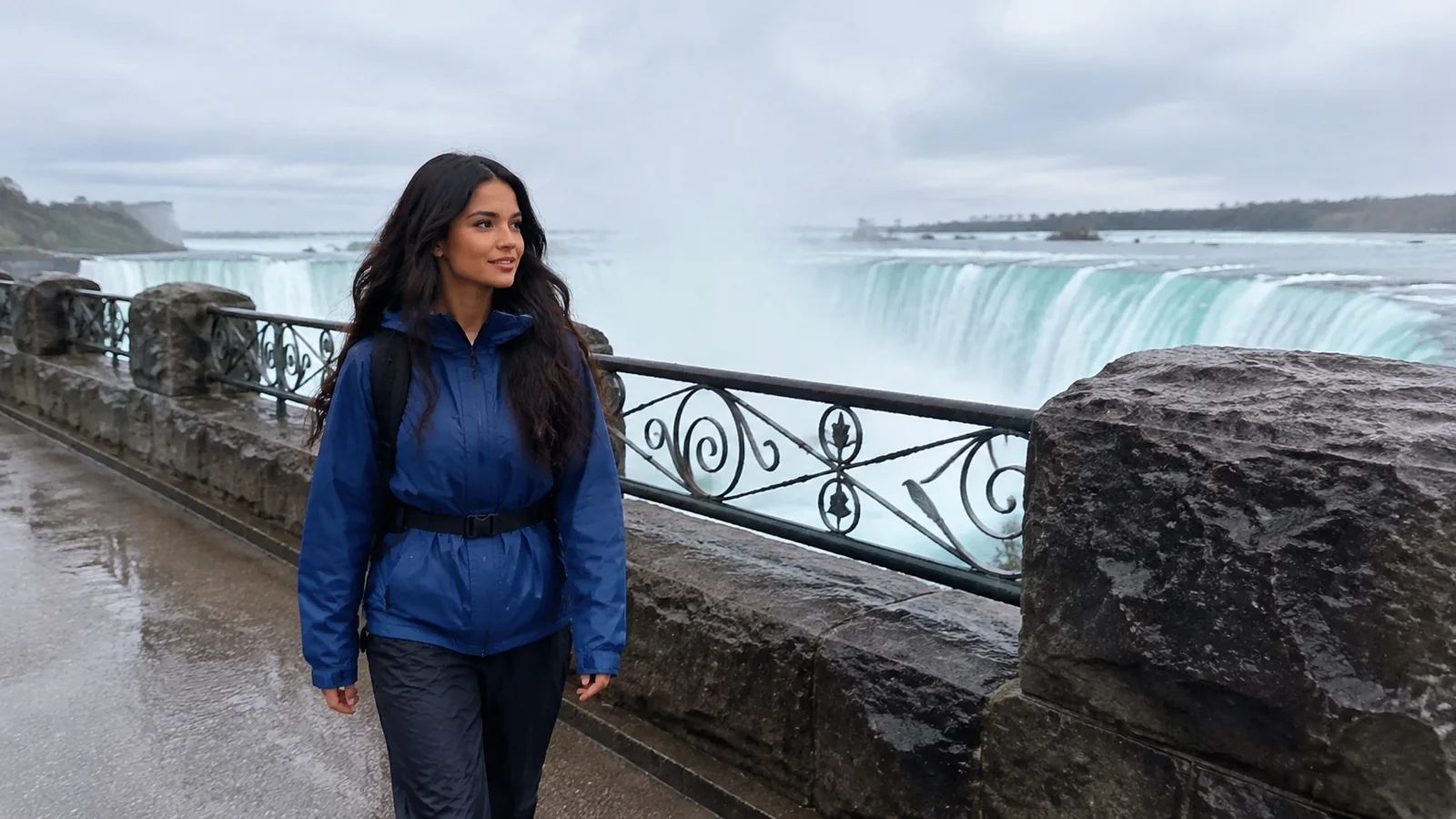 Woman standing at a railing beside a broad rushing waterfall.