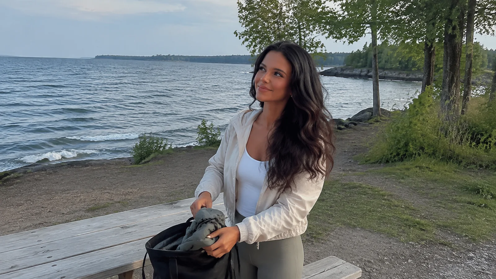 Woman packing a backpack on a picnic table beside a lake.