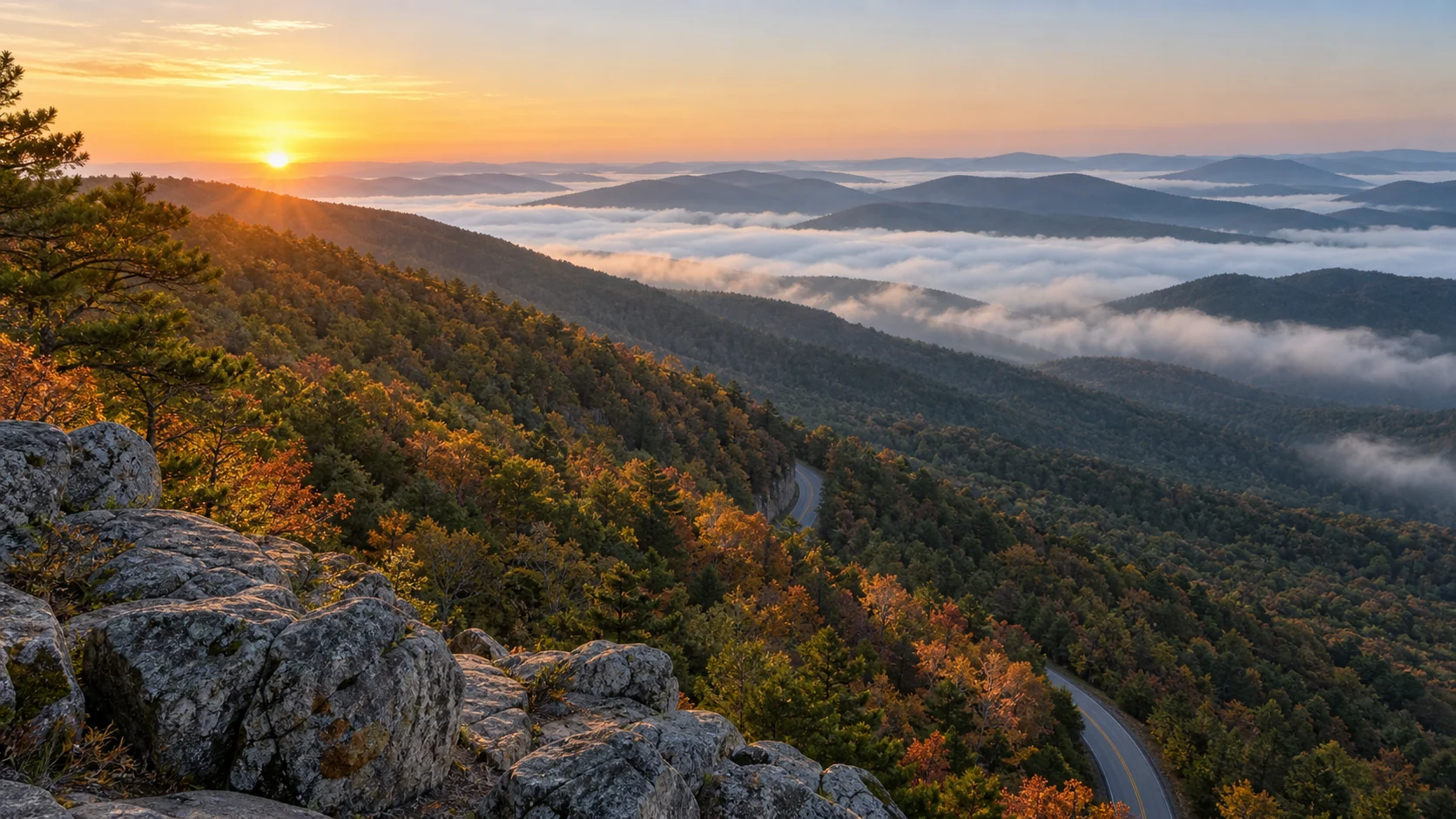 Autumn sunrise and valley fog across the Ouachita Mountains along Talimena Scenic Drive