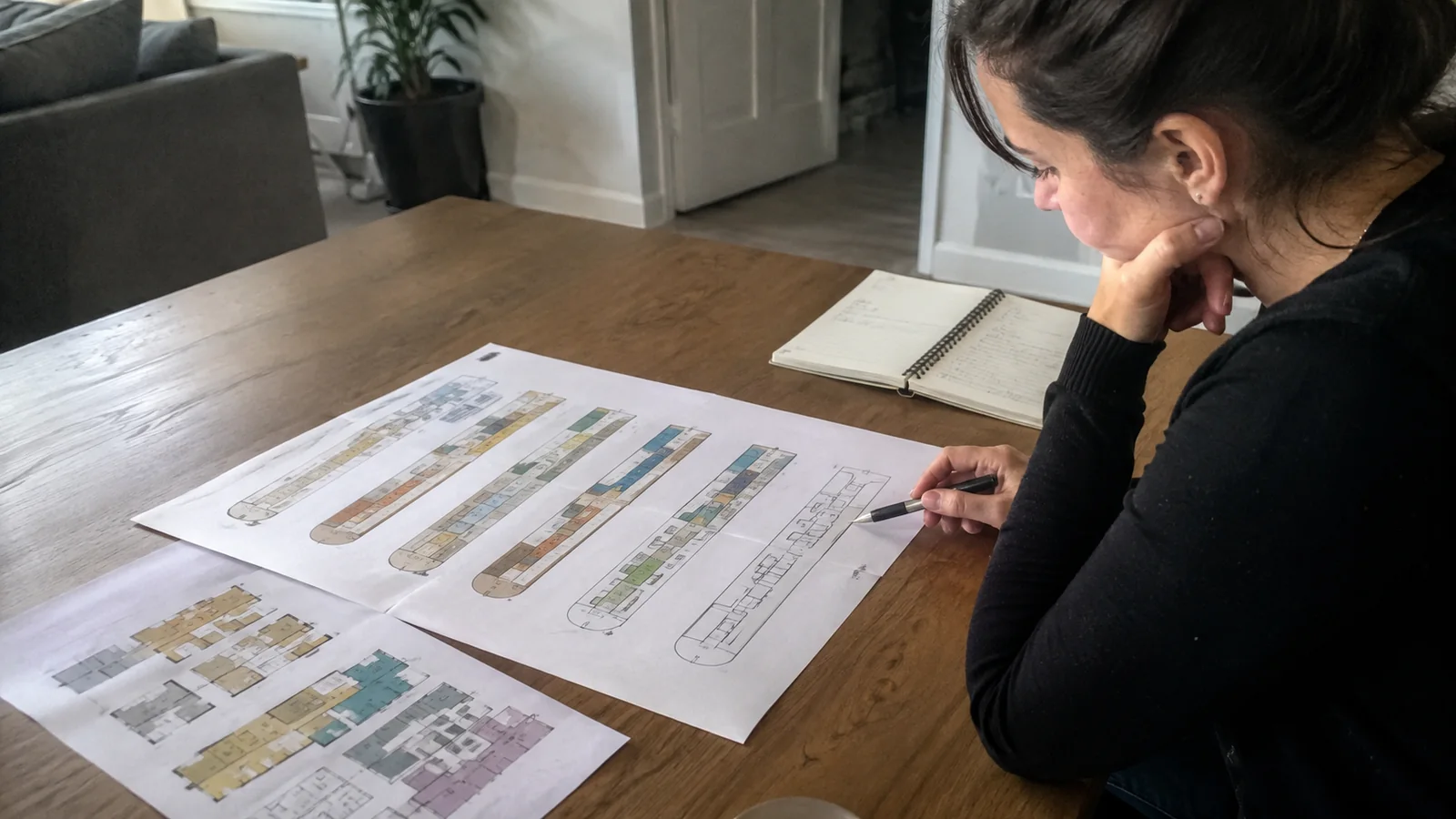 Traveler comparing several printed deck plans at a table.