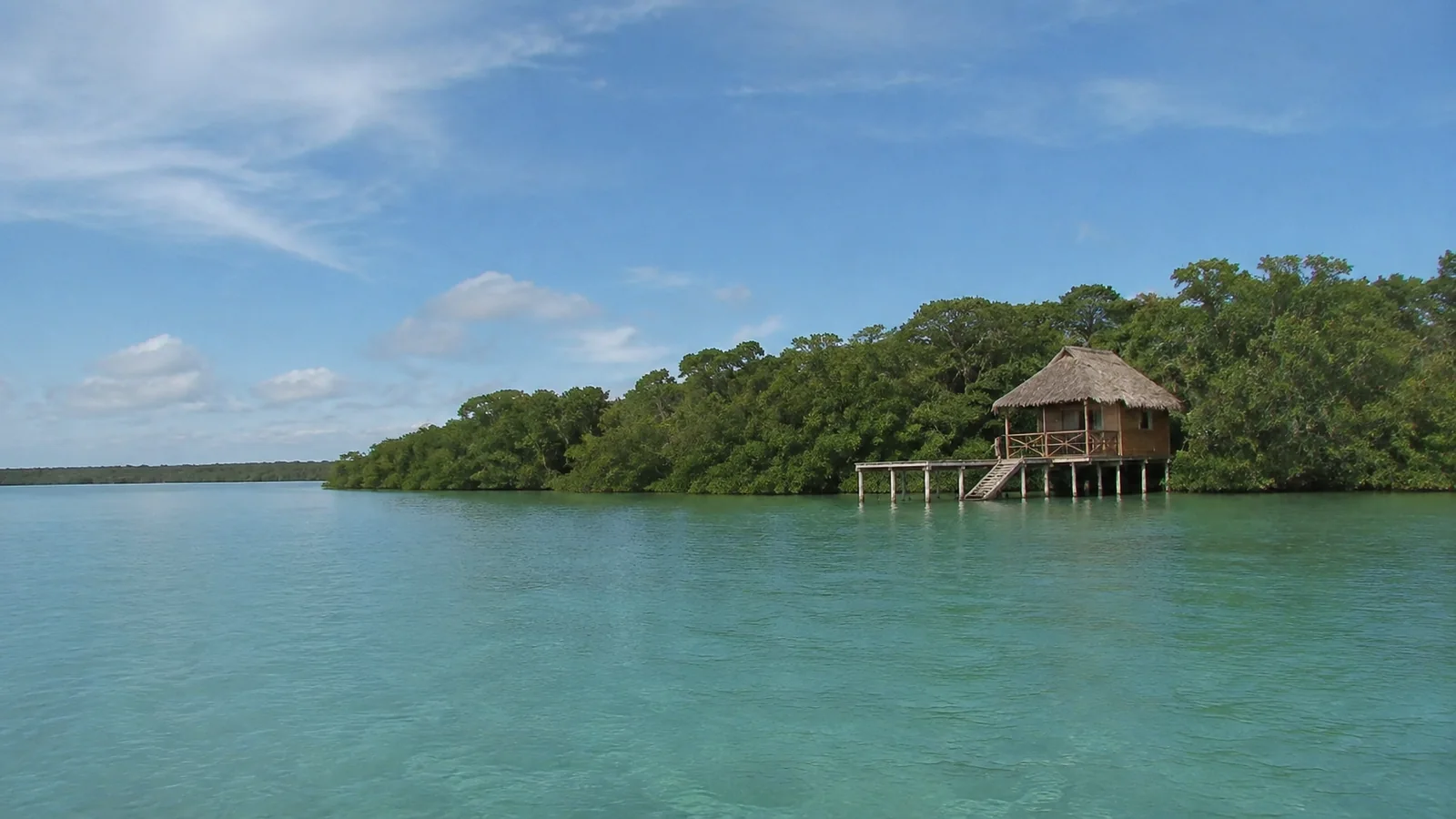 Small wooden hut beside mangroves and calm green lagoon water.