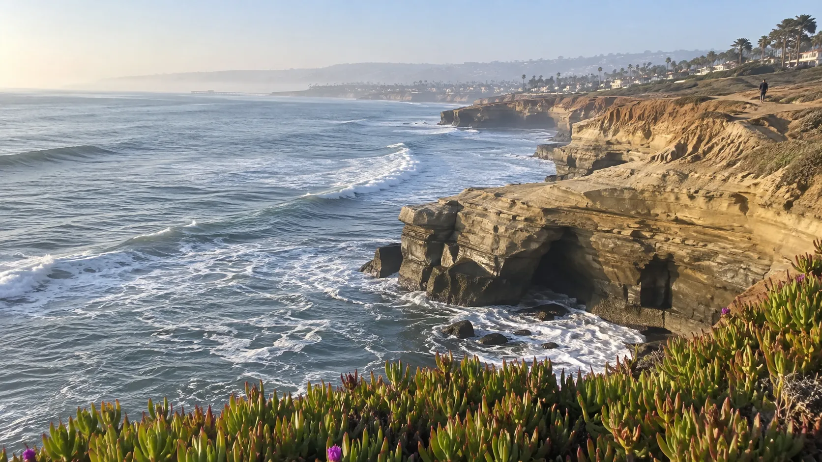 Morning surf below the layered sandstone cliffs at Sunset Cliffs in San Diego.