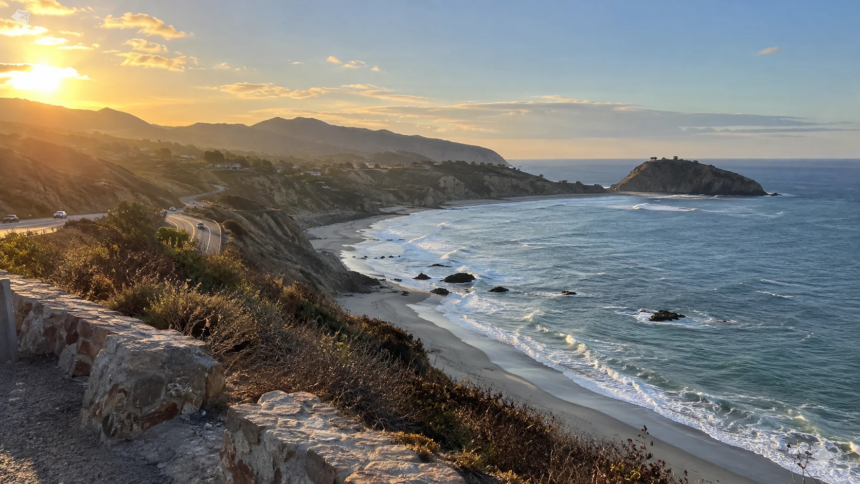 Pacific Coast Highway curving beside the ocean and rugged Malibu hills at golden hour.