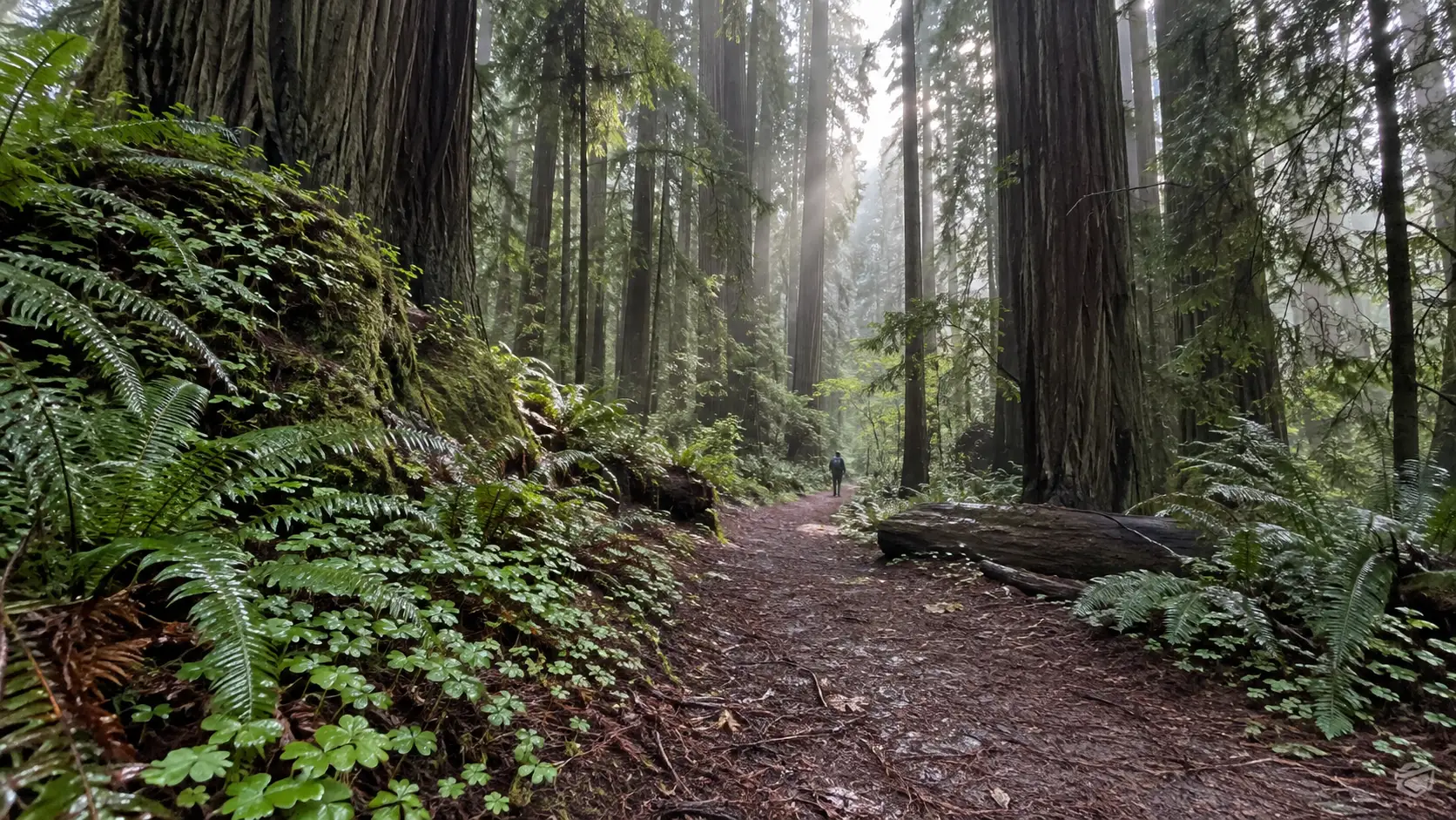 Quiet trail winding through towering redwoods and wet sword ferns in Northern California.