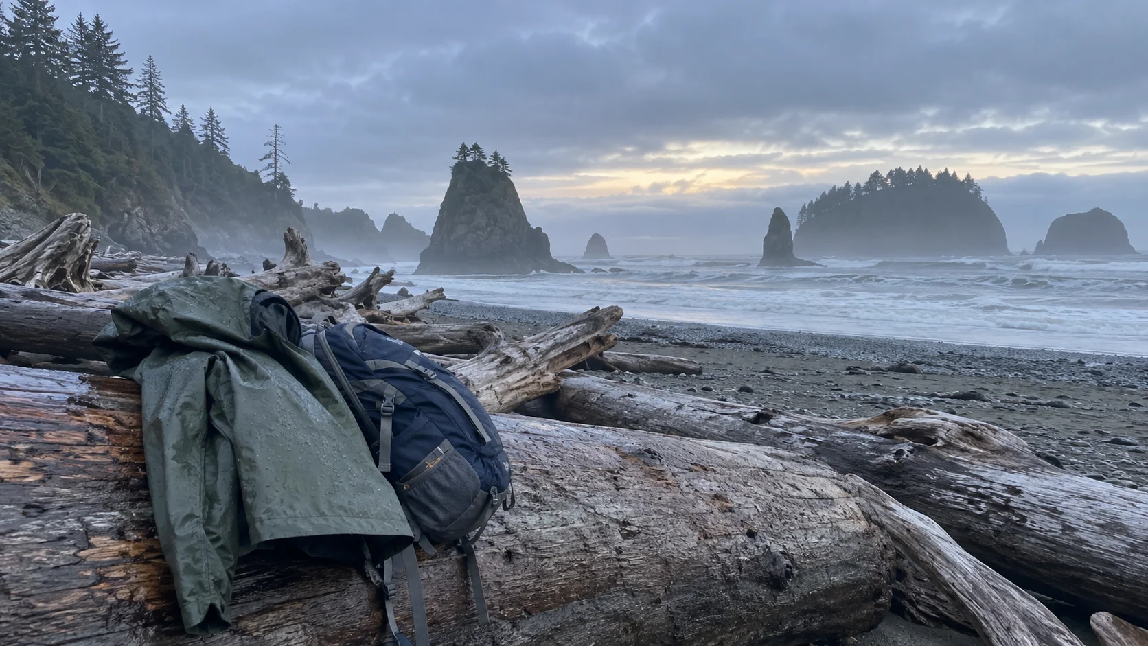 Rain jacket and backpack resting on driftwood beside a misty Olympic Peninsula beach.
