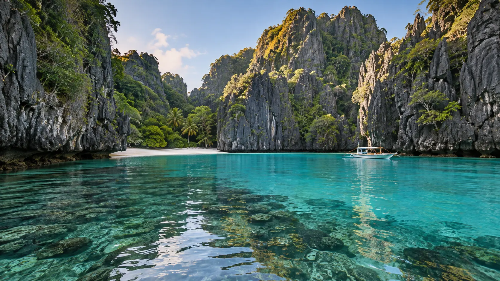 Limestone cliffs enclosing a turquoise lagoon in El Nido, Palawan.