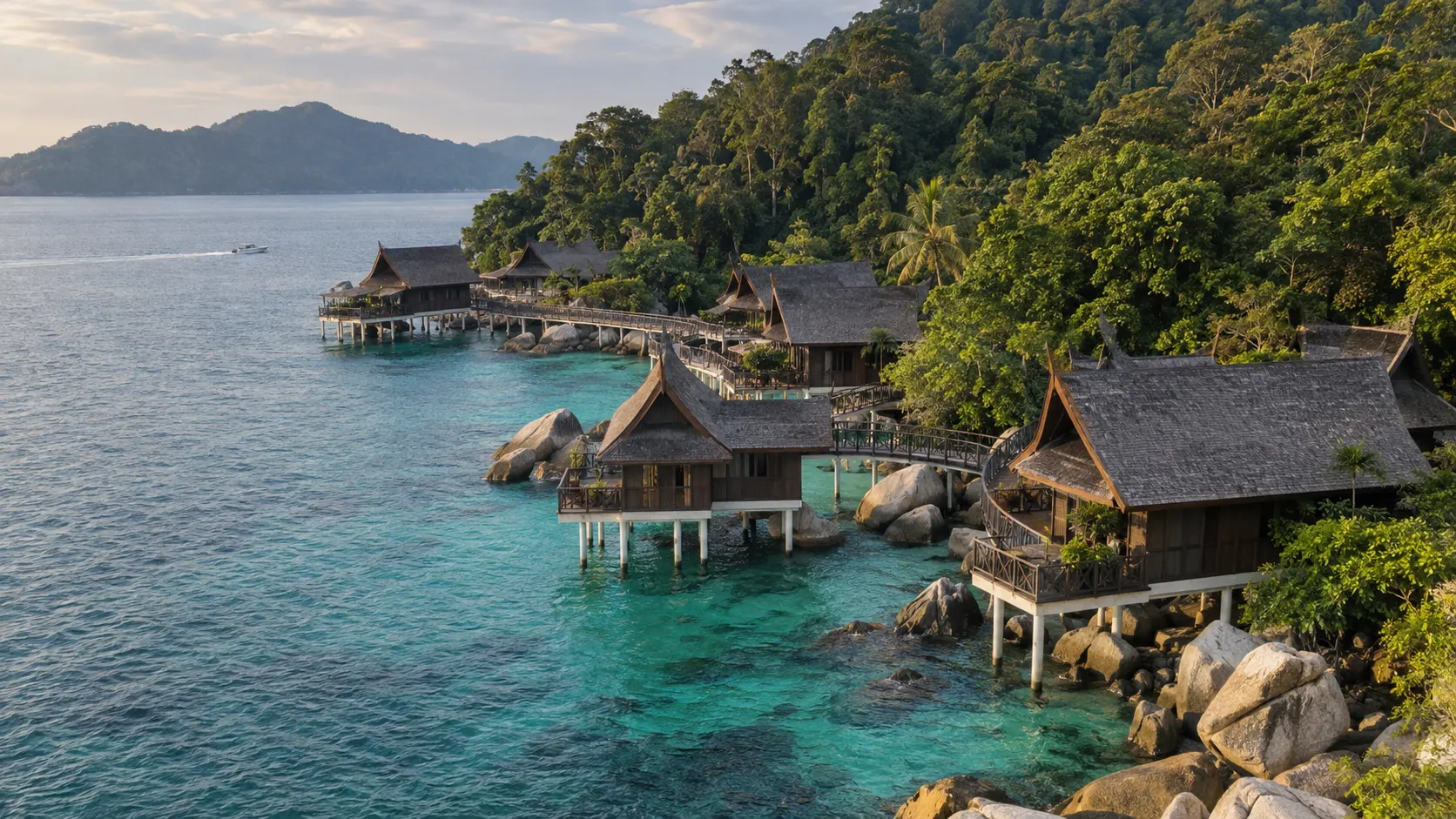 Pangkor Laut Resort sea villas on stilts above turquoise water beside a forested island.