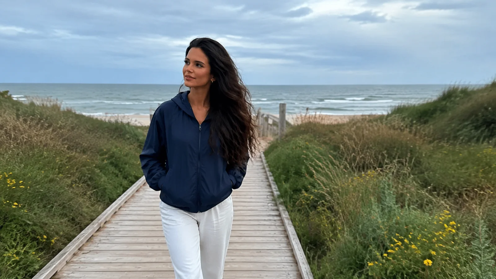 Woman walking a boardwalk between grassy dunes toward the sea.