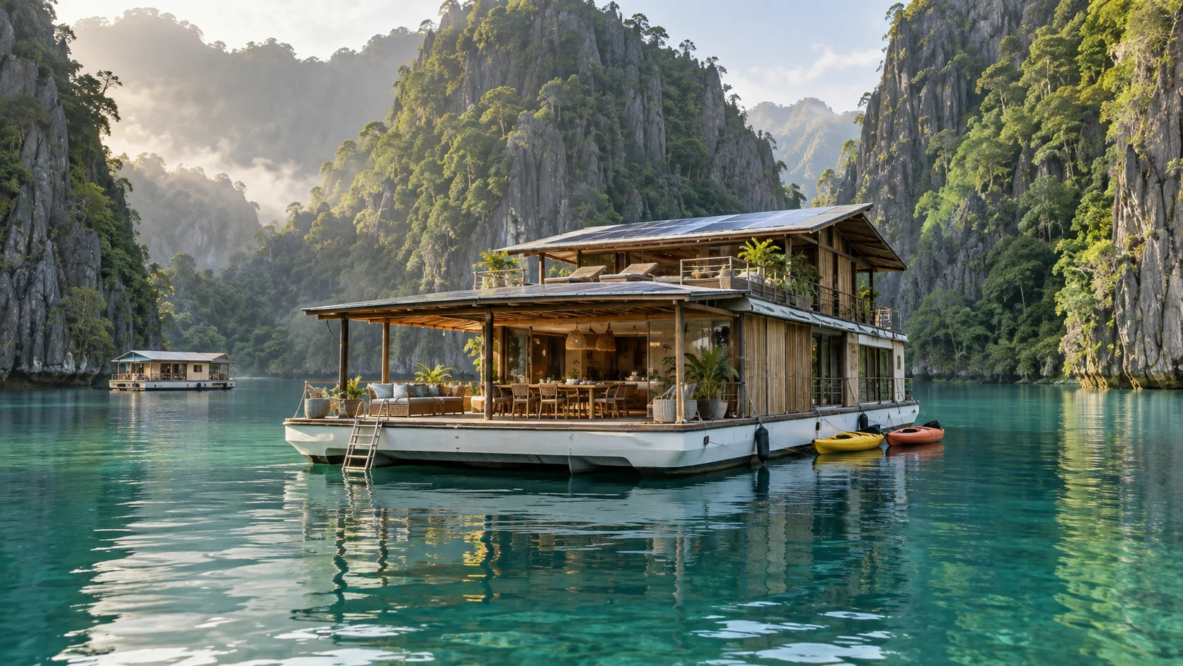 Solar-powered Paolyn houseboat floating in a turquoise lagoon between Coron Island's limestone cliffs.