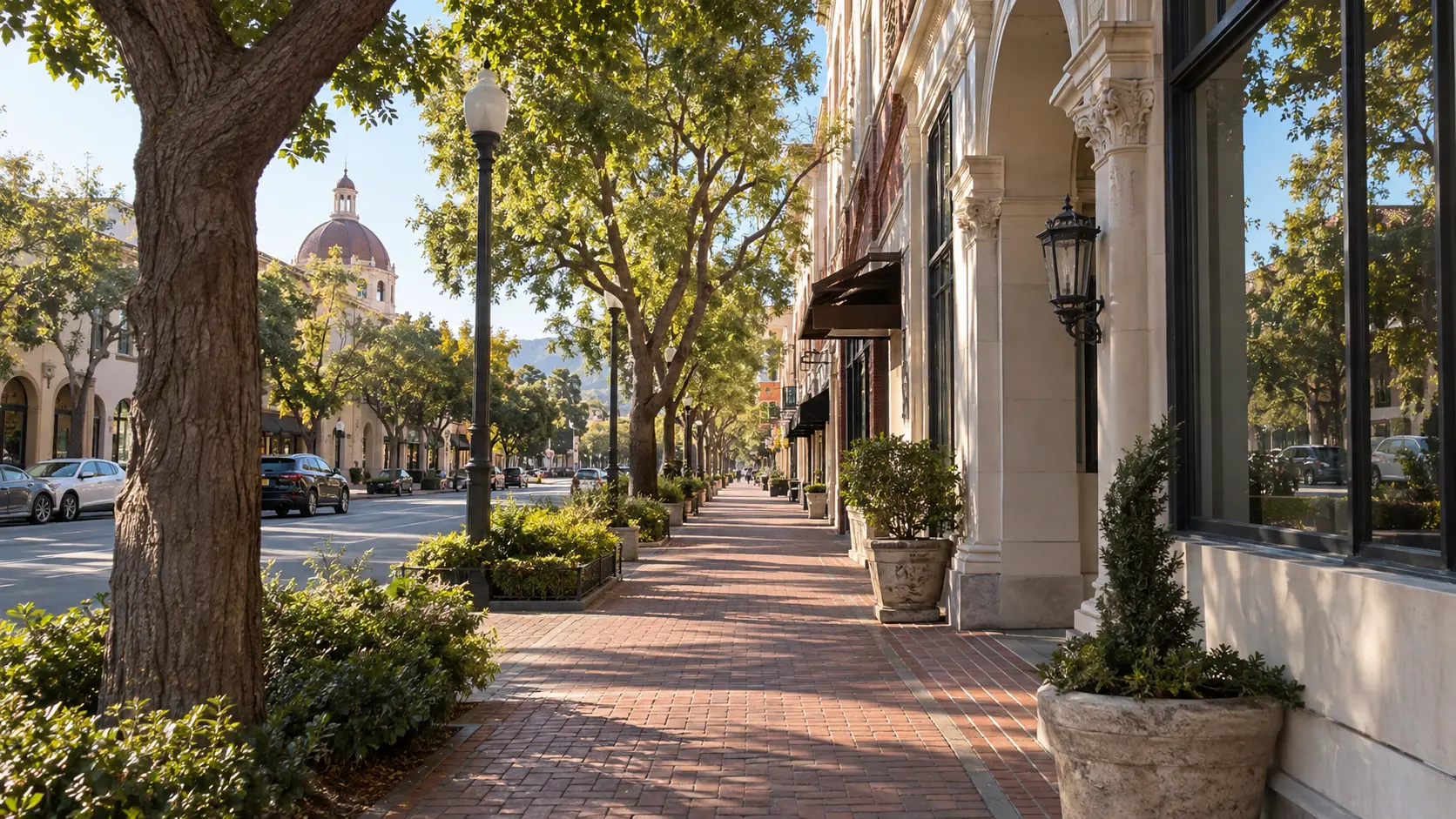 Historic facades and brick sidewalks in Old Pasadena.