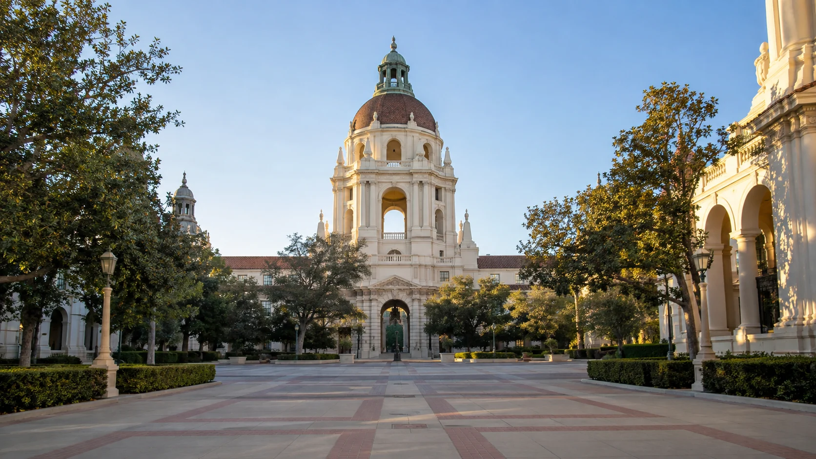 Domed Pasadena City Hall and tiled Civic Center courtyard.