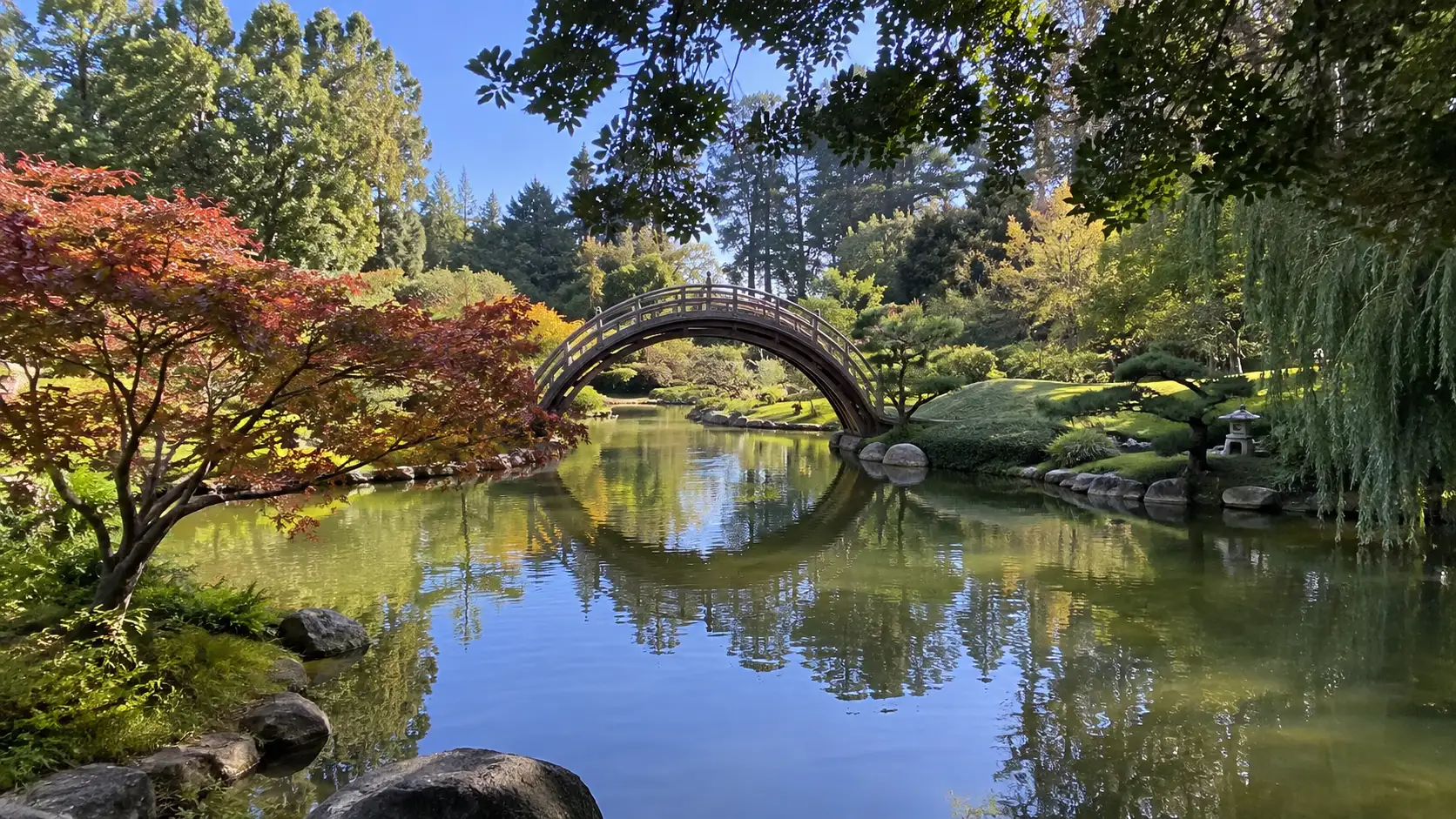 Moon bridge and botanical landscape at The Huntington.