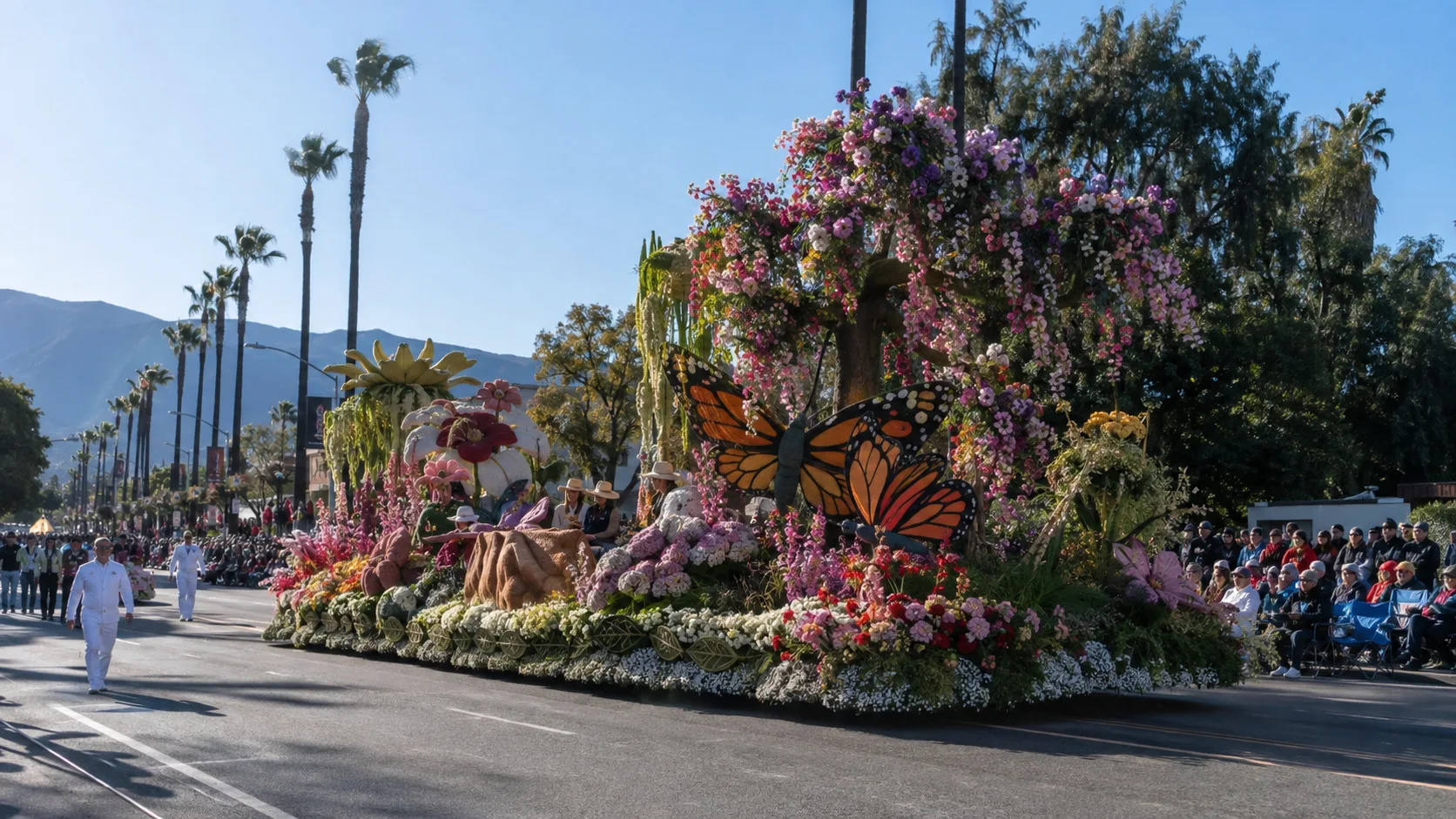 Flower-covered float traveling along a Pasadena Rose Parade route.