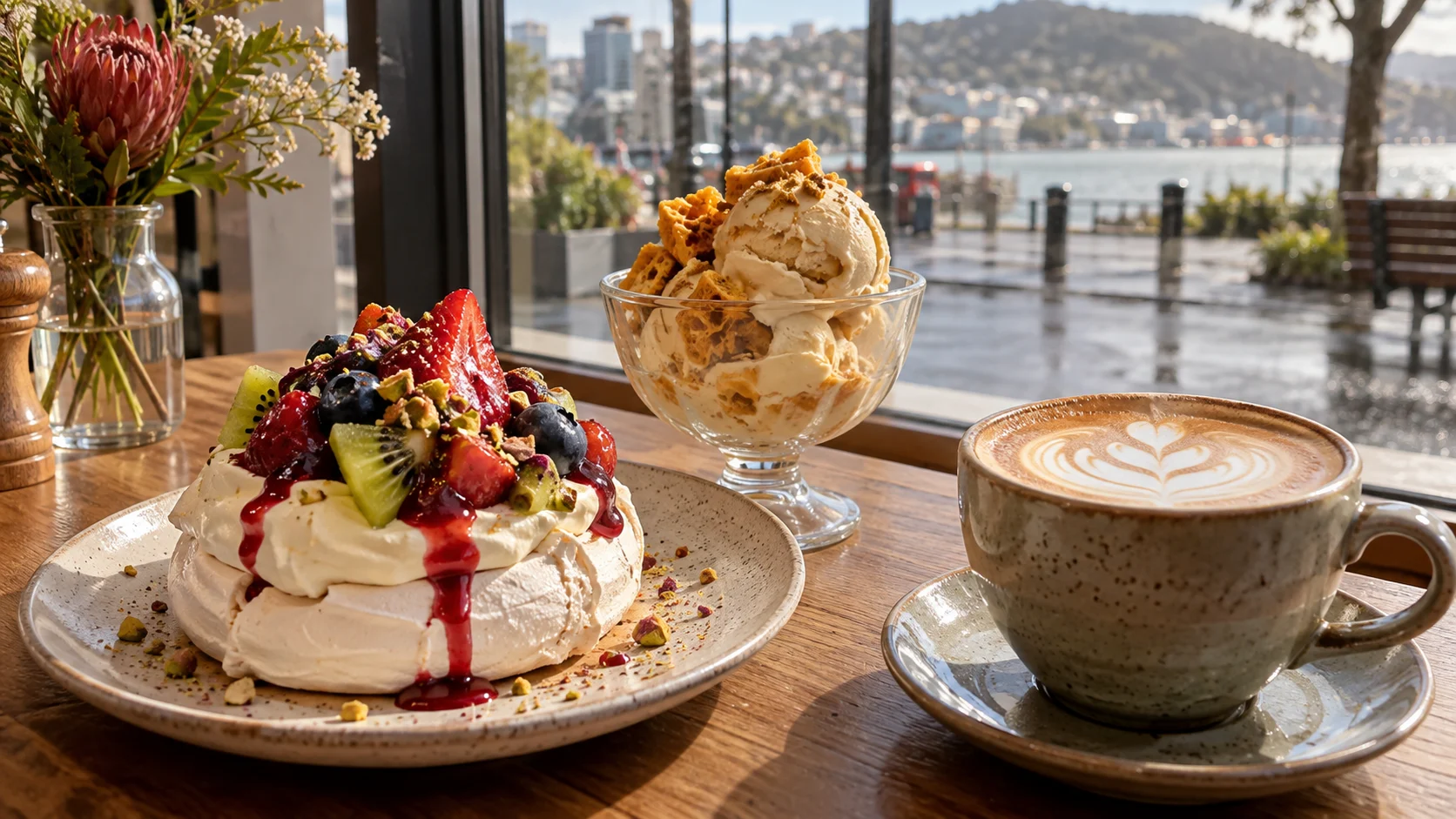Pavlova, hokey pokey ice cream and a flat white in a Wellington cafe