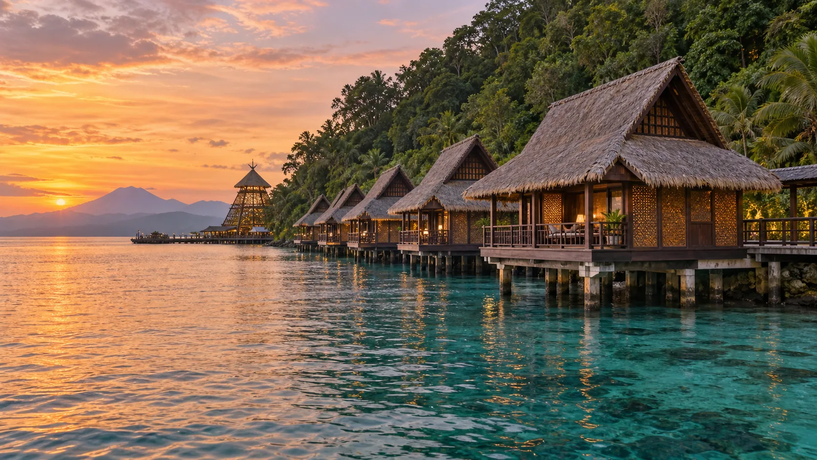 Mindanao-inspired Samal Houses on stilts beside the forested shoreline at Pearl Farm Beach Resort.